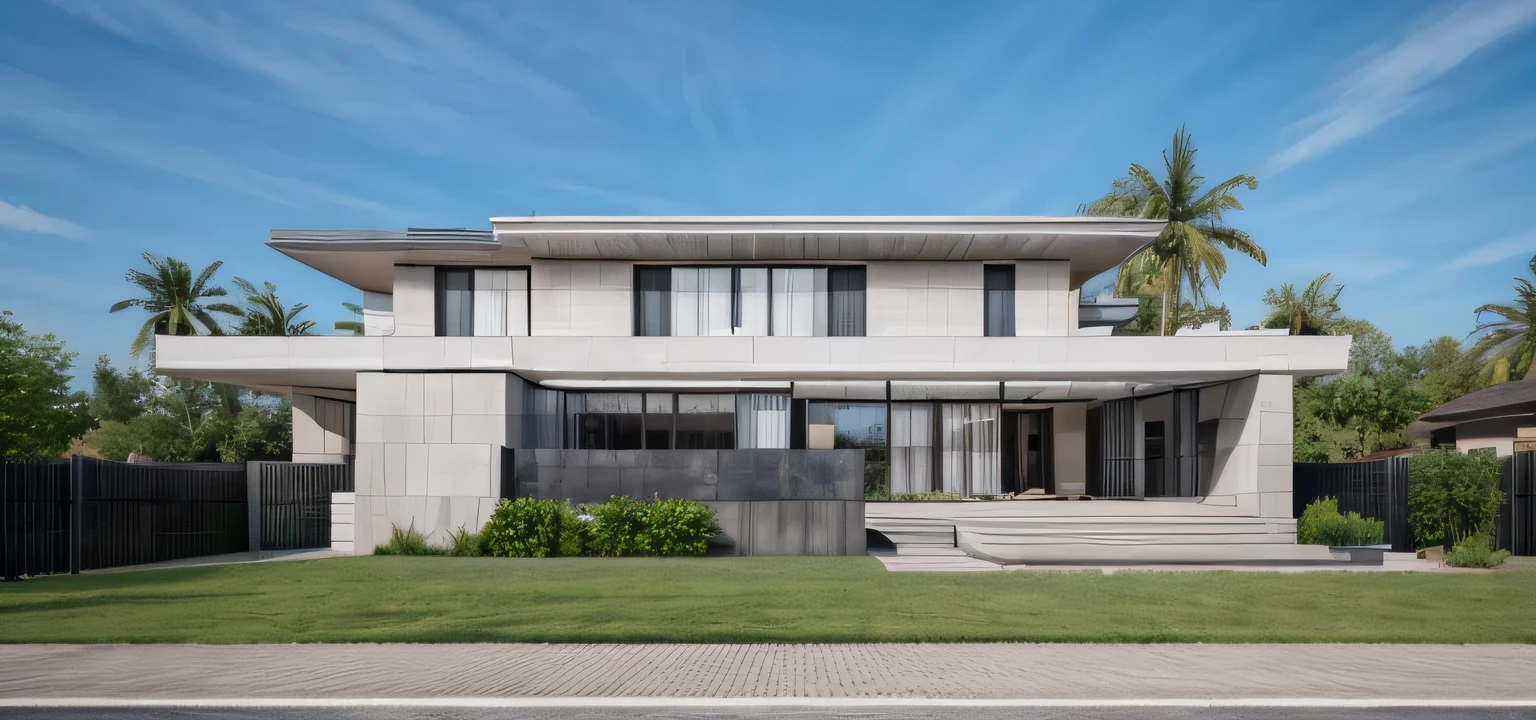 (masterpiece),(high quality), best quality, real,(realistic), super detailed, (full detail),(4k),8k,modern house exterior design,Modern architecture,Beautiful_sky,Day light, no_humans, outdoors,sky,tree,Garden flower front of building