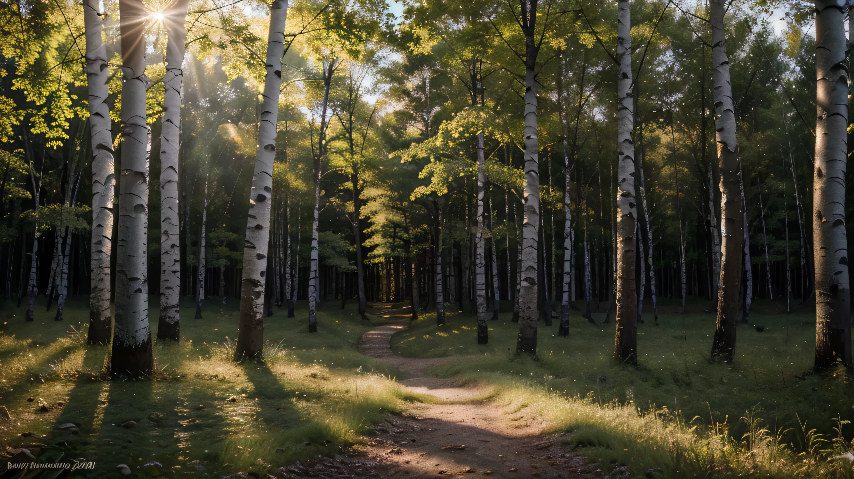 ((masterpiece, Best quality)), High resolution, 8K, cinematic light, high contrast, depth of field, intense glow, detailed background, dense forest of birch oaks, glade illuminated by the sun, white clouds in the sky,
