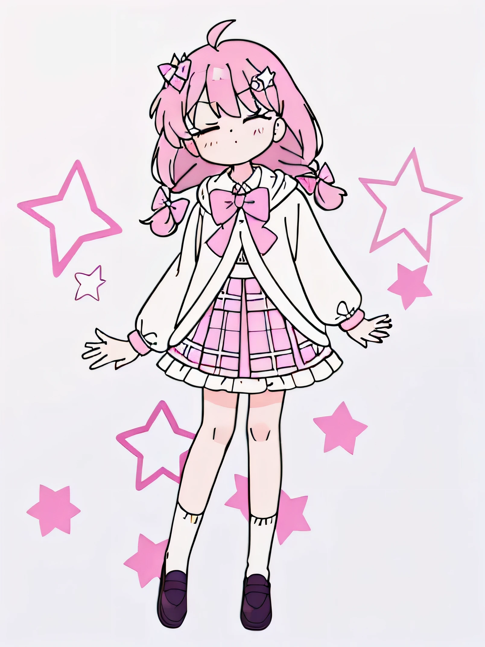 highres 1girl ahoge 鲍比_pin bow bowtie braid brmy own_Eyes collared_shirt dojikko_frilly pose_shirt frilled_shirt_Collarless joint_skirt frills hair_bow hair_ornament hairpin hand_exist_my own_head, heart, heart_hair_decorative hooded hood_jacket jacket lexistg_hair existe_Eye_Closed pentagram pink_hair plaid plaid_bow plaid_pleated skirt_skirt shirt shoelaces shoes simple_Background standing skirt solo star_(symbol) twin_Braided white braids_background white_Raise your legs high, whole body