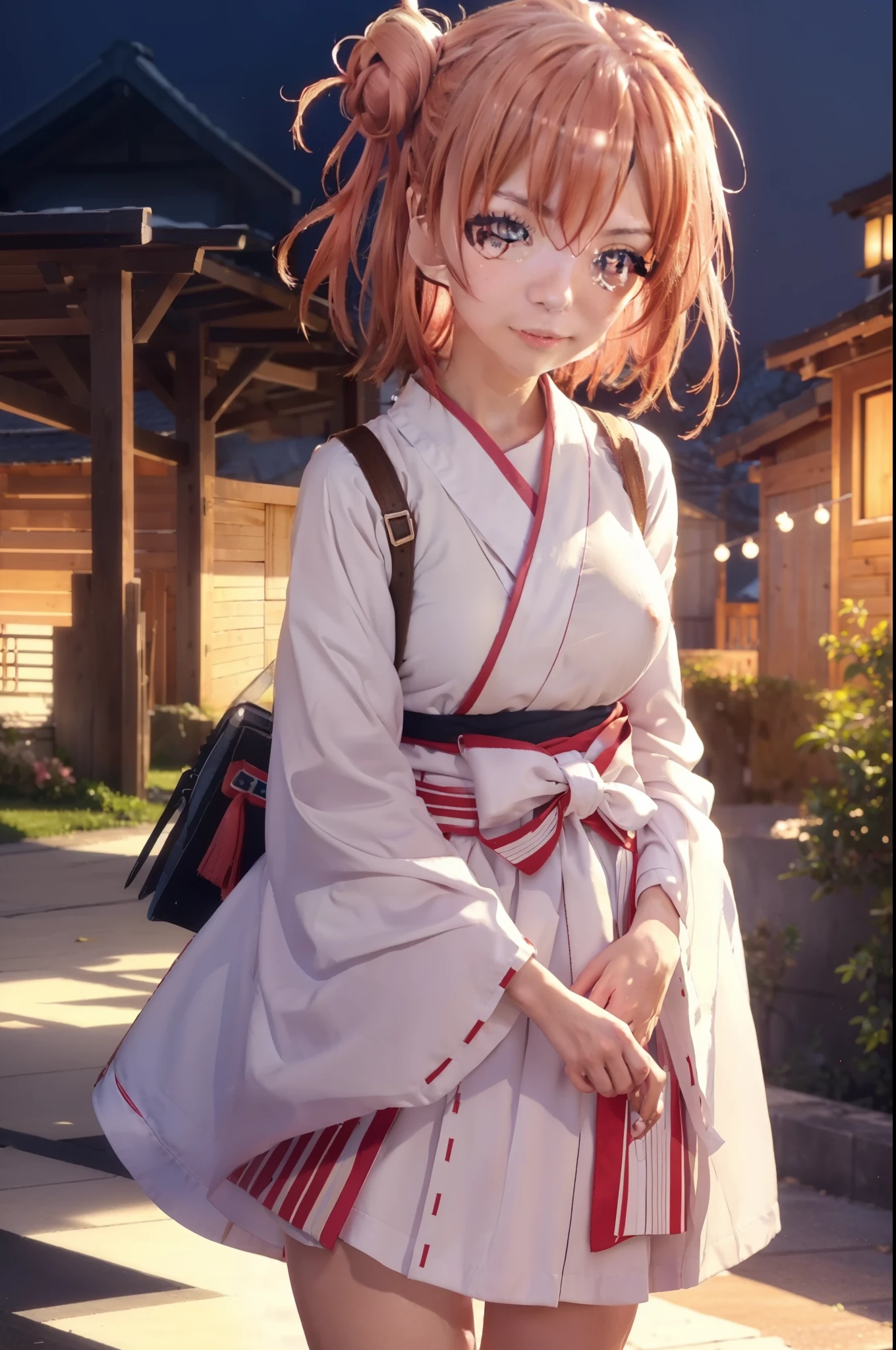 yuiyuigahama, yui yuigahama, short hair, (brown eyes:1.5), (pink hair:1.2), bun hair, happy smile, smile, 口を開けるsingle bun hair, smile, (big breasts:1.2),Platycodon,Miko, white kimono, kimono,red hakama,white foot bag,Zori sandals, same as skirt, wide sleeve, long sleeve, ribbon trim sleeves,  watching daytime viewers, Are standing, 
break outdoors, shrine,鳥居
break looking at viewer, (cowboy shot:1.5),
break (masterpiece:1.2), highest quality, High resolution, unity 8k wallpaper, (figure:0.8), (detailed and beautiful eyes:1.6), highly detailed face, perfect lighting, Very detailed CG, (perfect hands, perfect anatomy),