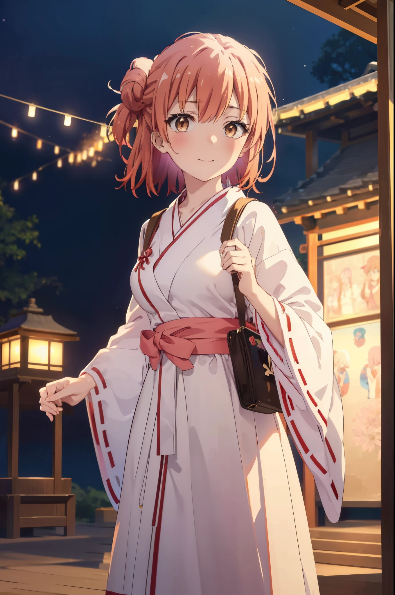 yuiyuigahama, yui yuigahama, short hair, (brown eyes:1.5), (pink hair:1.2), bun hair, happy smile, smile, 口を開けるsingle bun hair, smile, (big breasts:1.2),Platycodon,Miko, white kimono, kimono,red hakama,white foot bag,Zori sandals, same as skirt, wide sleeve, long sleeve, ribbon trim sleeves,  noon,Light of the sun,
looking at the viewer, Are standing, 
break outdoors, shrine,鳥居
break looking at viewer, (cowboy shot:1.5),
break (masterpiece:1.2), highest quality, High resolution, unity 8k wallpaper, (figure:0.8), (detailed and beautiful eyes:1.6), highly detailed face, perfect lighting, Very detailed CG, (perfect hands, perfect anatomy),