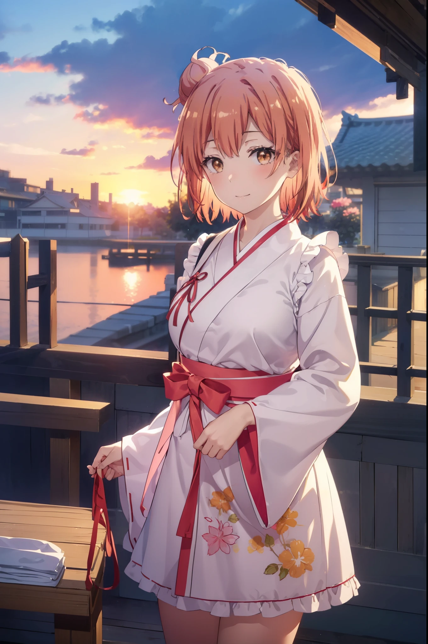 yuiyuigahama, yui yuigahama, short hair, (brown eyes:1.5), (pink hair:1.2), bun hair, happy smile, smile, 口を開けるsingle bun hair, smile, (big breasts:1.2),Platycodon,Miko, white kimono, kimono,red hakama,white foot bag,Zori sandals, same as skirt, wide sleeve, long sleeve, ribbon trim sleeves,  noon,Light of the sun,
looking at the viewer, Are standing, 
break outdoors, shrine,鳥居
break looking at viewer, (cowboy shot:1.5),
break (masterpiece:1.2), highest quality, High resolution, unity 8k wallpaper, (figure:0.8), (detailed and beautiful eyes:1.6), highly detailed face, perfect lighting, Very detailed CG, (perfect hands, perfect anatomy),