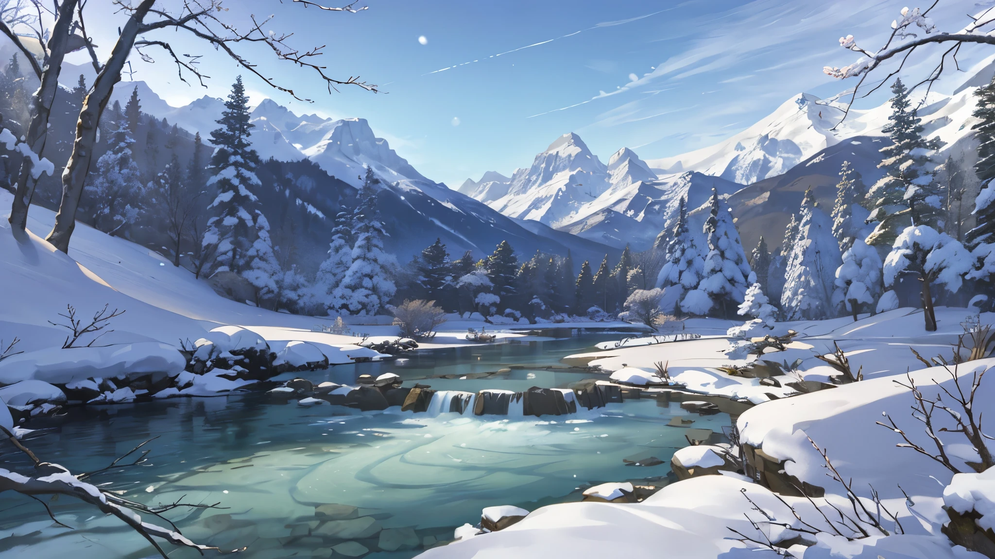 Beautiful landscape of a snow-capped mountain with spring scenery in the background, featuring two distinct scenes separated by a small river. Ultra-detailed, 8K resolution, masterpiece quality, vibrant colors, HDR lighting, atmospheric, clean lines, intricate details, realistic rendering, winter and spring elements, clear flowing water, sharp focus, depth of field, physically-based materials, bokeh background.
A stunning image of a snow-decked mountain peak, its snowy crevasses gleaming in the sunlight, against a backdrop of burgeoning spring foliage. Below, alongside the mountain's base, a serene, crystal-clear river divides