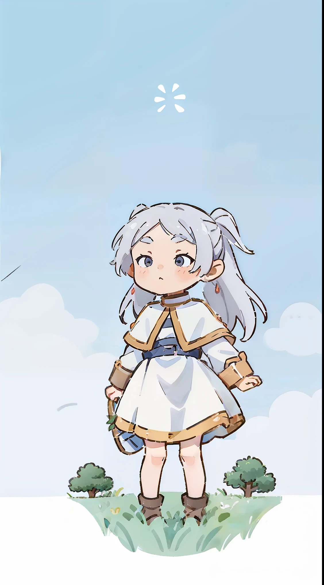 a girl, ((full body female)), Yaemiko, Freelan, (long gray hair), pointed ears, jewelry, earrings, white shawl, white dress, belt, (Lovely), ((最small, small)), piece, Play, Grass, Blue sky and white clouds