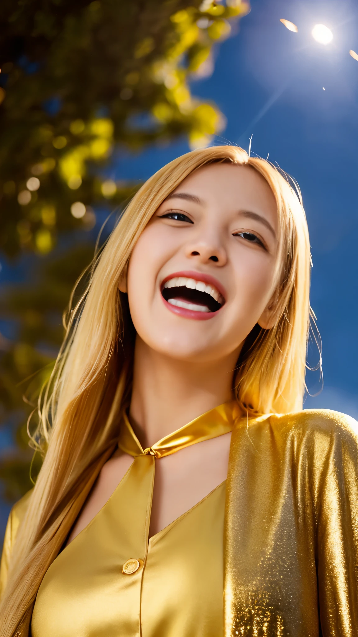 girl, flowing golden blonde hair, yellow eyes, golden emperor costume, neckline, anime, The background is a sunny sky and sparkling lights, dynamic angle, arrogant laughter