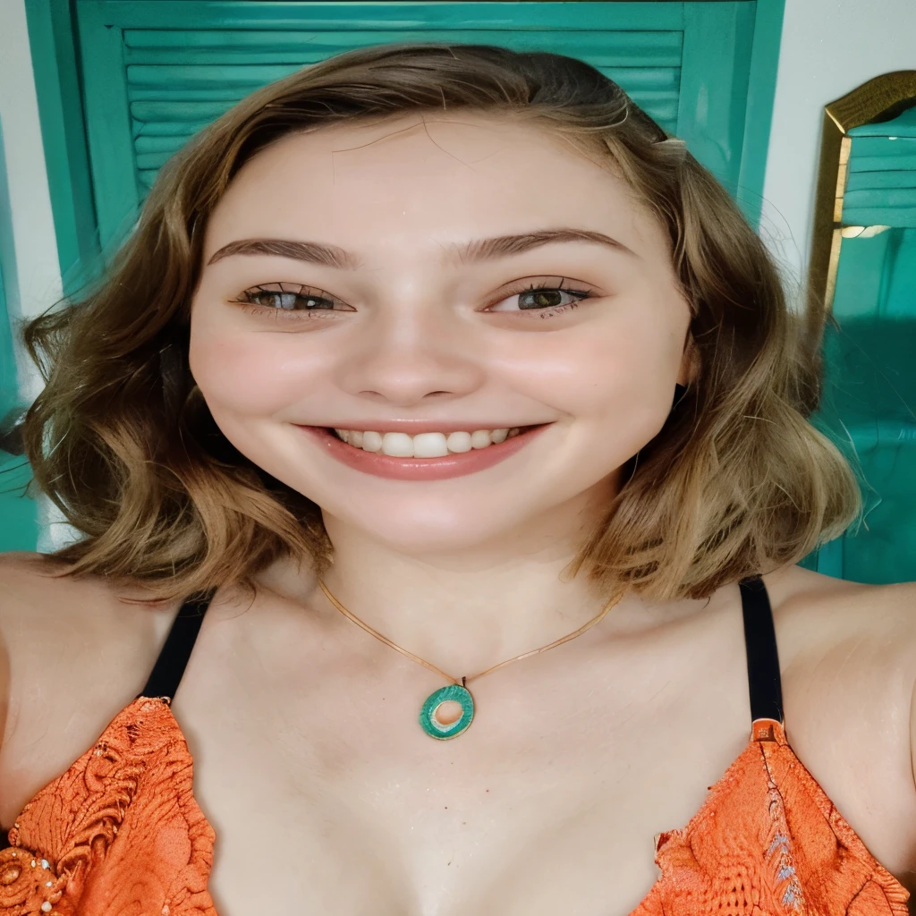 there is a woman in a bikini smiling at the camera, Rosto oval bonito, dentes redondos e cara de bobo, face is well lit, selfie de uma jovem, rosto perfeitamente iluminado, sorrindo e olhando diretamente, smiling happily at the camera, Mulher de 3 0 anos, mulher de 30 anos, mulher com pele de porcelana, cara com artgram e corte de cabelo rainha de gales