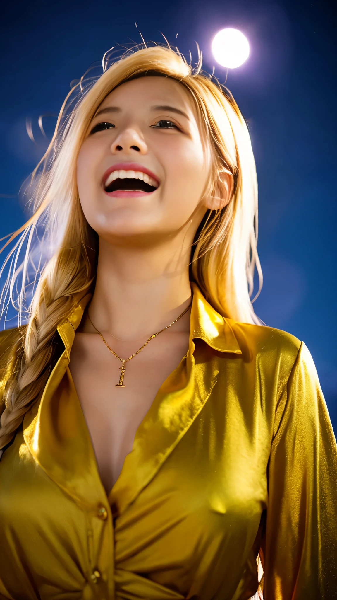 girl, flowing golden blonde hair, yellow eyes, golden emperor costume, neckline, anime, The background is a sunny sky and sparkling lights, dynamic angle, arrogant laughter