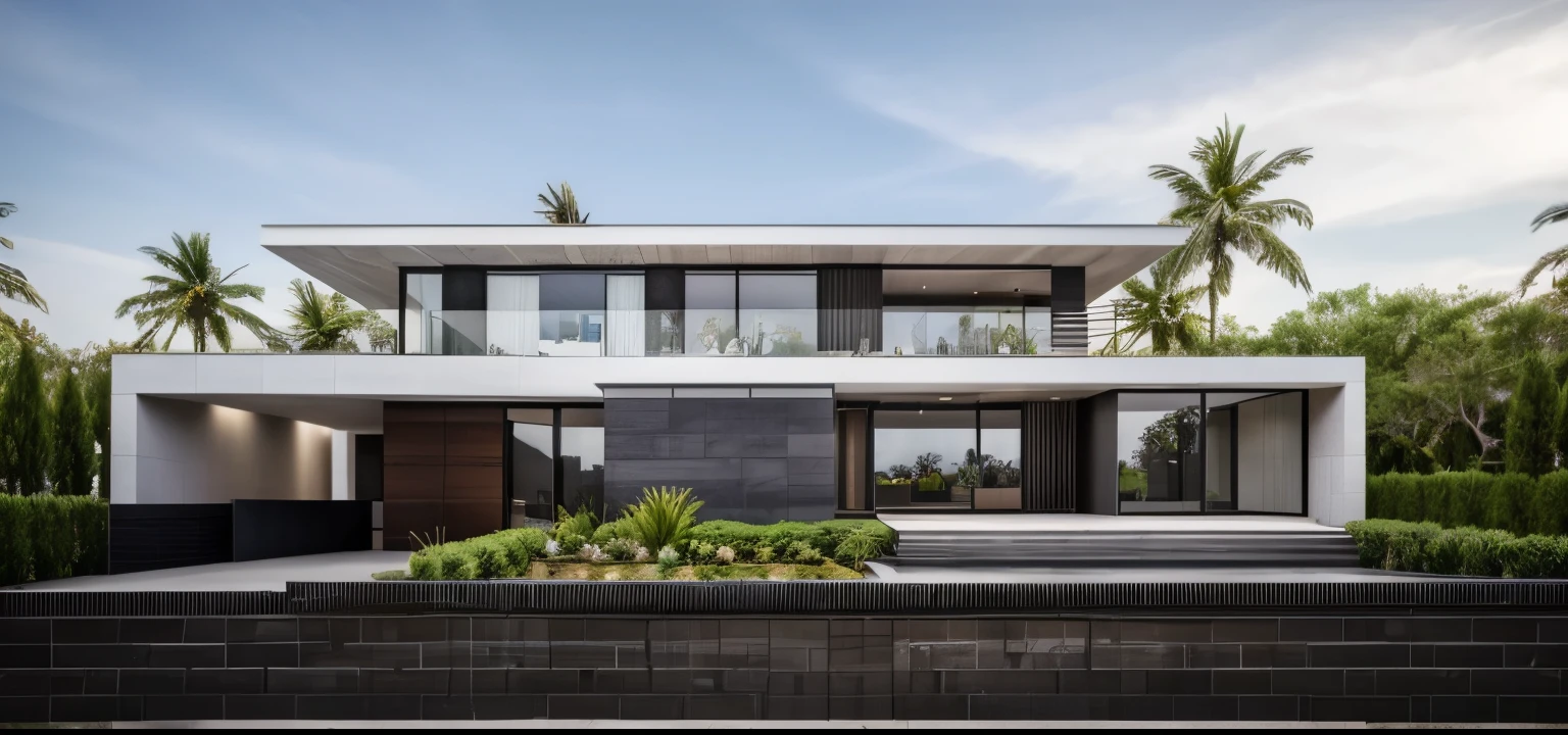 (masterpiece),(high quality), best quality, real,(realistic), super detailed, (full detail),(4k),8k,modern house exterior design,Modern architecture,Beautiful_sky,Day light, no_humans, outdoors,sky,tree,Garden flower front of building