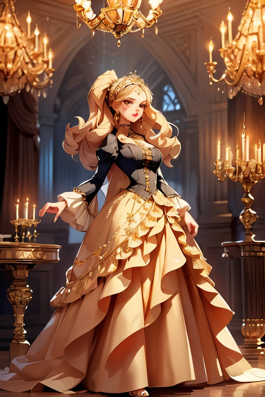 (masterpiece:1.2, Best quality), (real image, Intricate details), alone, like 1 lady, European face, perfect face, (small breast), headband, long and wide Victorian dress, jewelry, long sleeves, adornment for hair, (((Long skirt))), standing, ballroom ((lit with chandeliers))Full body ((front view))