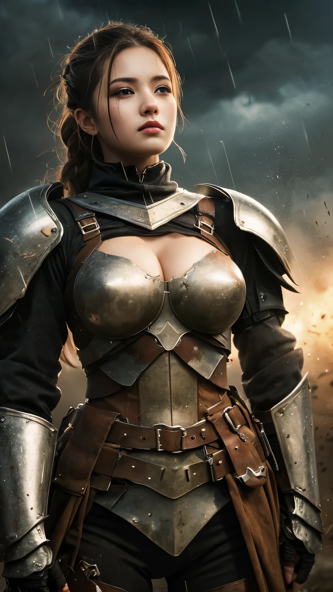 voluminous hair, big hair, big breasts, swordswoman,(fully clothed skintight), (black armor), woman , standing in an open battlefield holding sword, muscle