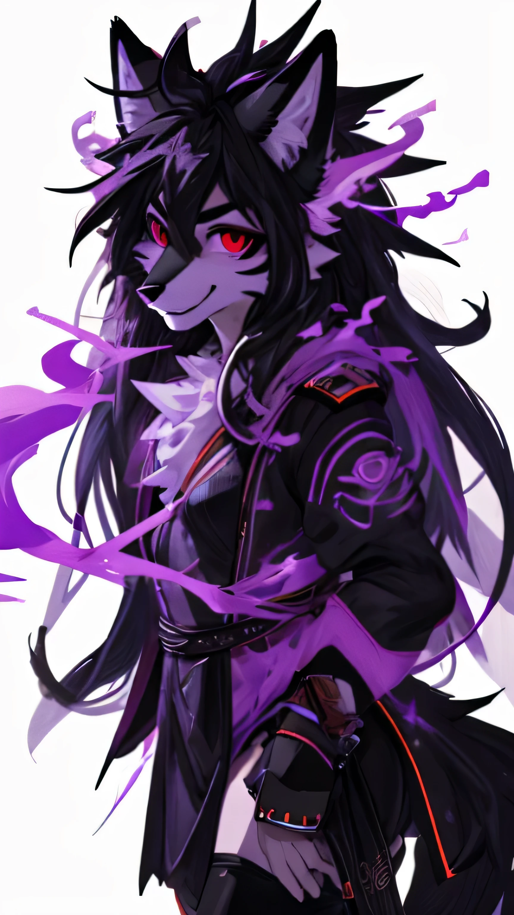 super high resolution, simple background, Happy, insane, absurdres, ((1girl)), (female, furry anthro), red eyes, pointy teeth, ((ghost)), ((smoke)), ((purple ghost fox)), ((ghost type Pokemon)), ((purple fire)), (feminine), (detailed paws), ((long black hair)), ((spiky hair)), ((eyeliner)), (thick body), ((e-girl clothes))