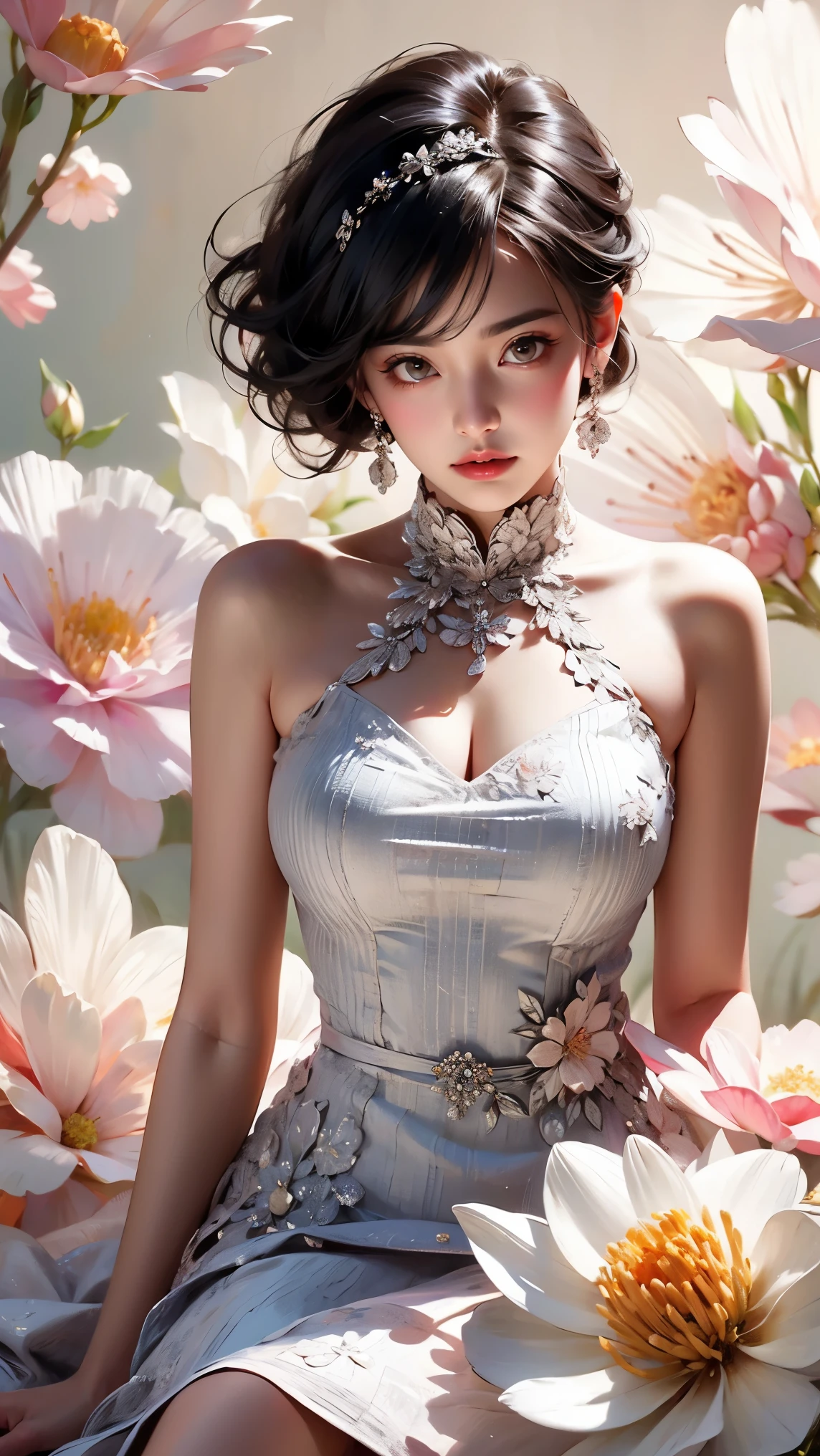 masutepiece, Best quality, (1womanl), Ultra-detailed, finedetail, A high resolution, 8K picture quality, hyper HD, Perfect dynamic composition, Beautiful detailed eyes,  Natural lips, Orange and white floral knitted dress, extra very short hair, abstract backgrounds, is shy, Diffused neon in the background,