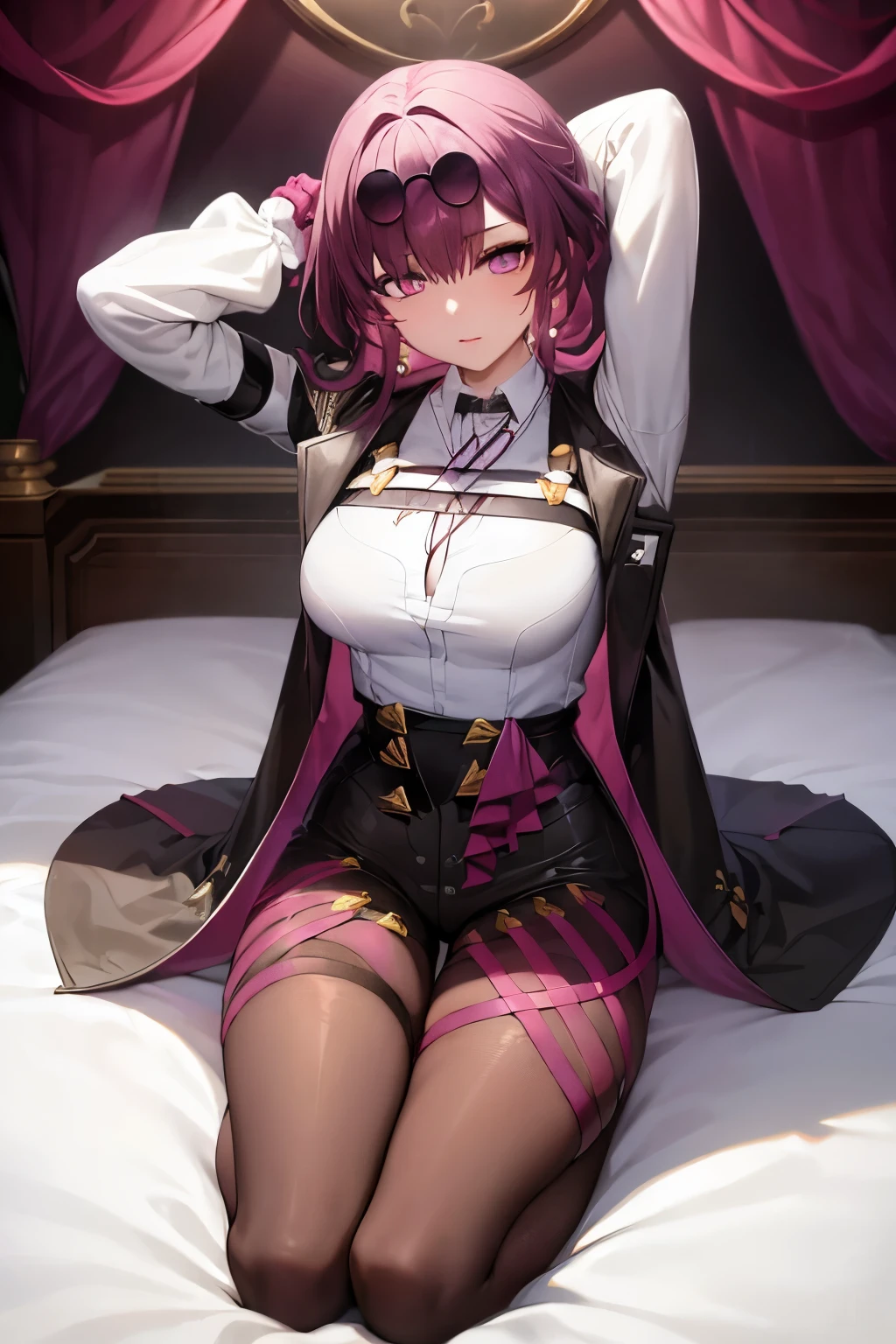 masterpiece, (detailed, highres, best quality), 1girl, kafkerdef, earrings, eyewear on head, sunglasses, white shirt, black jacket, long sleeves, purple gloves, shorts, pantyhose, thigh strap, seiza, arms behind head, bed