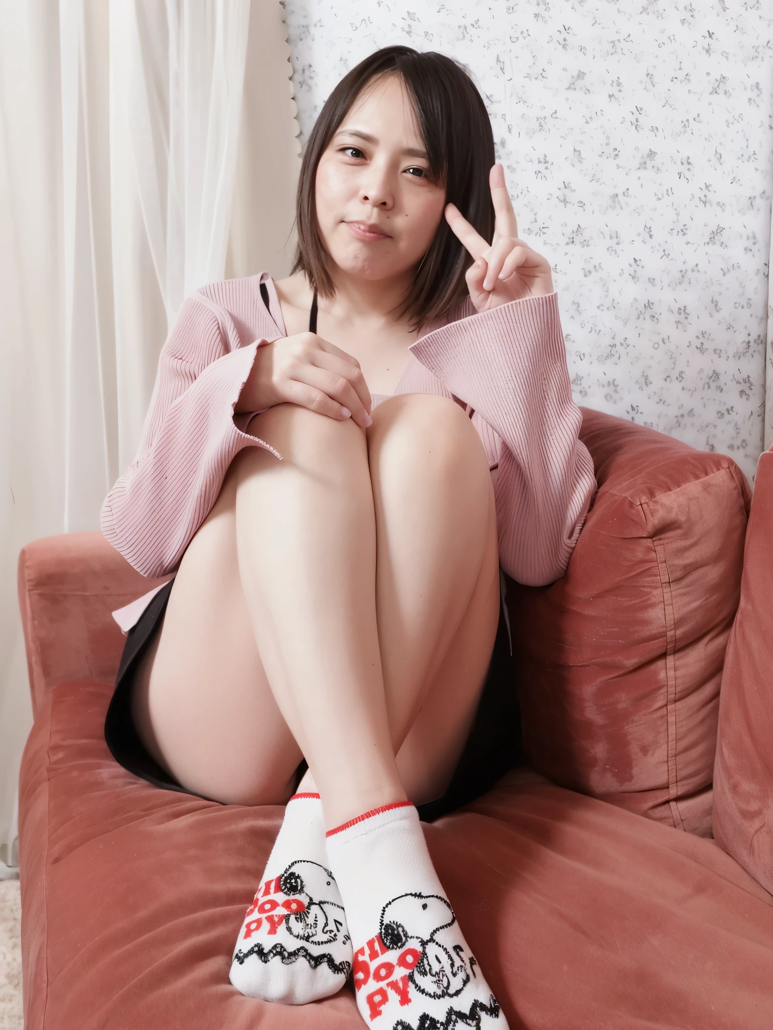 araffe woman sitting on a couch with her legs crossed and a pair of socks on, satisfied pose, chiho, taken with canon eos 5 d, pretty face with arms and legs, sitting on the sofa, of a youthful japanese girl, taken with canon eos 5 d mark iv, crossed legs, reluvy5213, sitting on a sofa