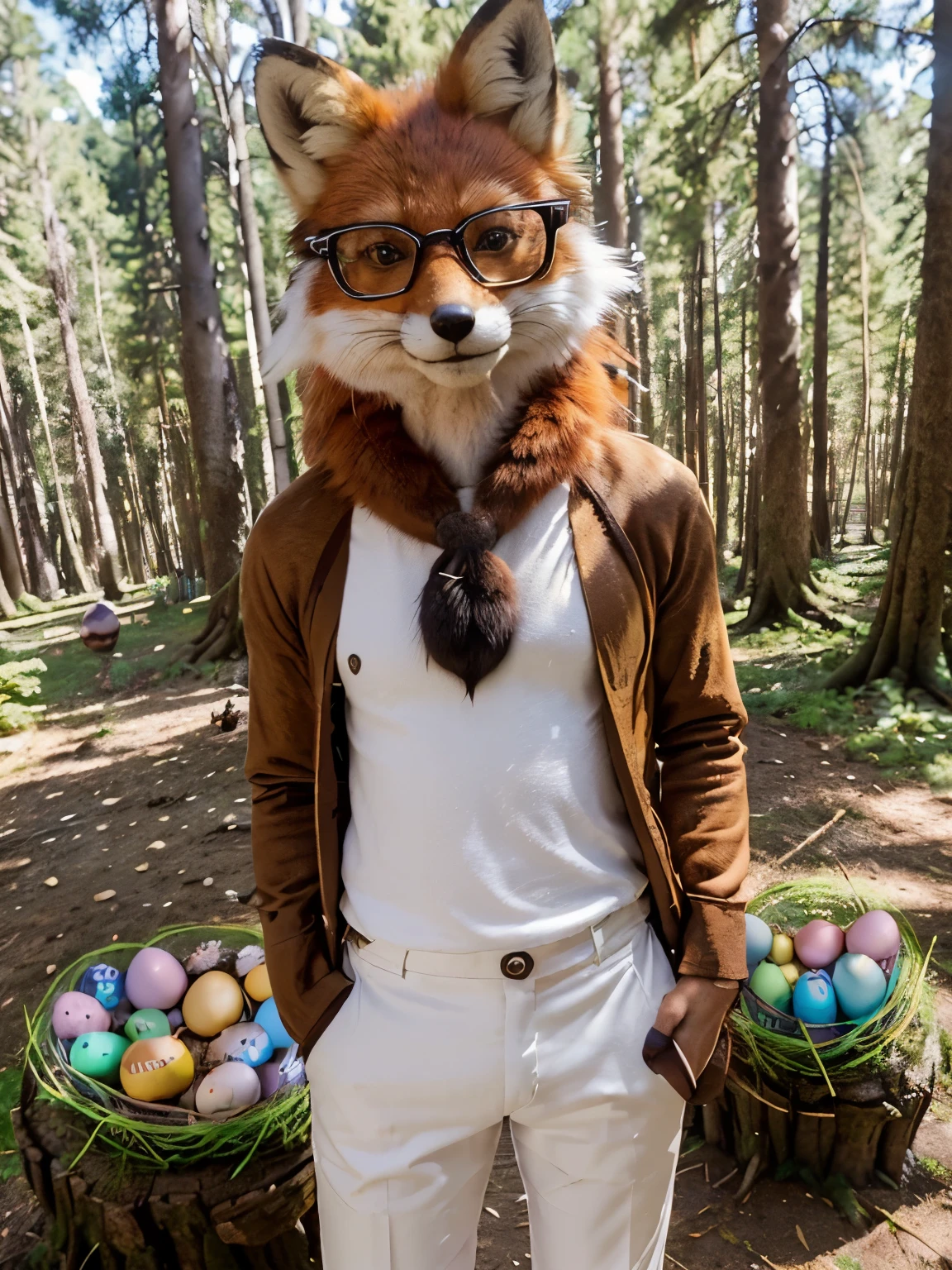 ((antropomorfic fox with realistic fur)), ((male)), Fox face, arms covered with realistic fur, wearing glasses, wearing white long sheve shirt, black pants, sunny day, forest background, ((Easter eggs everywhere)), standing on tree stump.

(Mejor calidad, realista, ultra detallado), zorro, happy expression, ((anthropomorphic fox))