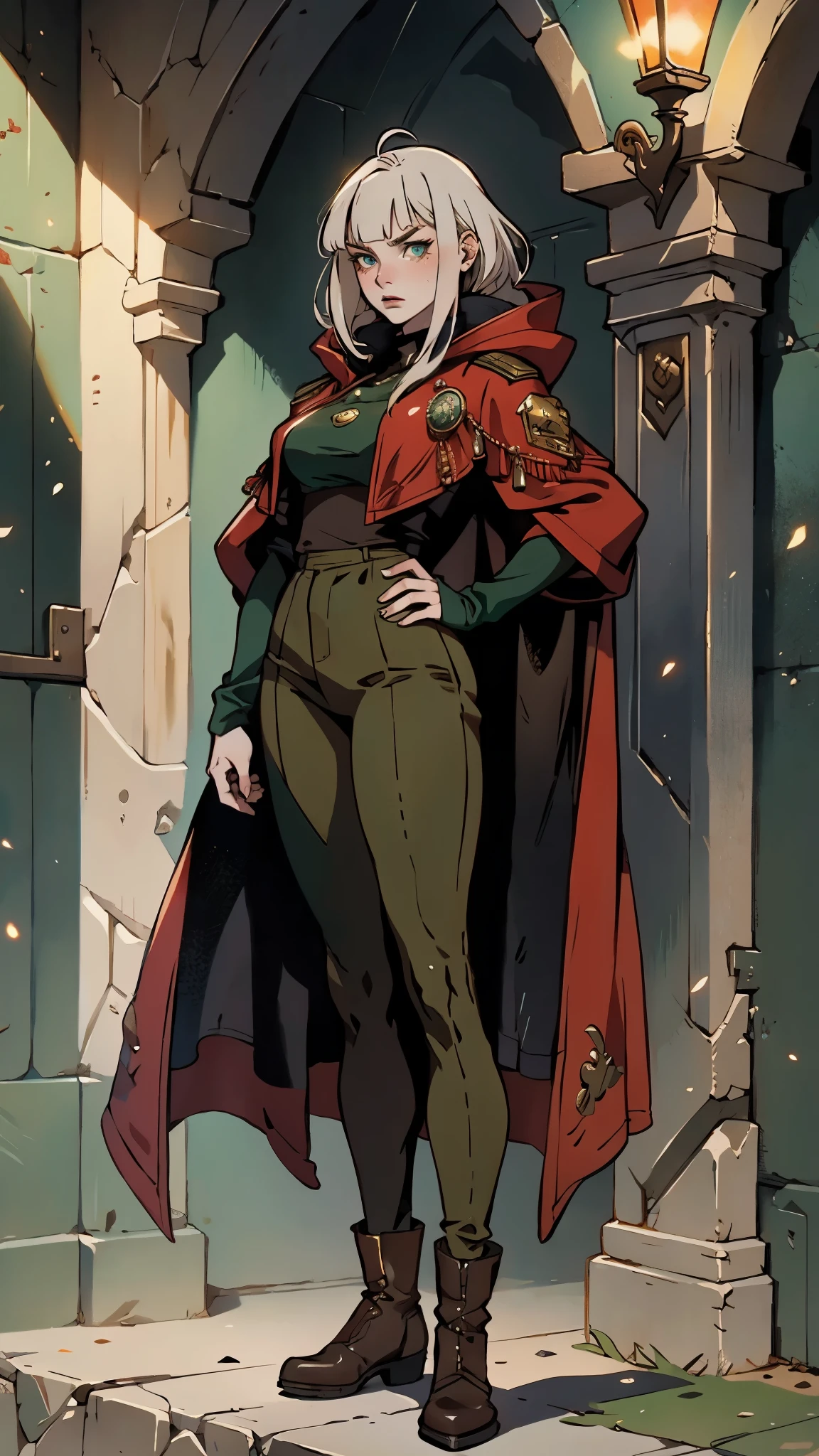 A woman with long platinum blonde hair, choppy bangs, arched crescent eyebrows, sharp and determined eyes, a delicate oval face, a serious expression, a fantasy-style dark green military coat, draped with a dark red cloak, military trousers, leather combat boots, silver greaves leggings, one hand on her hip, standing in a spacious training ground, this character embodies a finely crafted fantasy-style female military officer in anime style, exquisite and mature manga art style, pale skin, high definition, best quality, highres, ultra-detailed, ultra-fine painting, extremely delicate, professional, perfect body proportions, golden ratio, anatomically correct, symmetrical face, extremely detailed eyes and face, high quality eyes, creativity, RAW photo, UHD, 32k, Natural light, cinematic lighting, masterpiece-anatomy-perfect, masterpiece:1.5