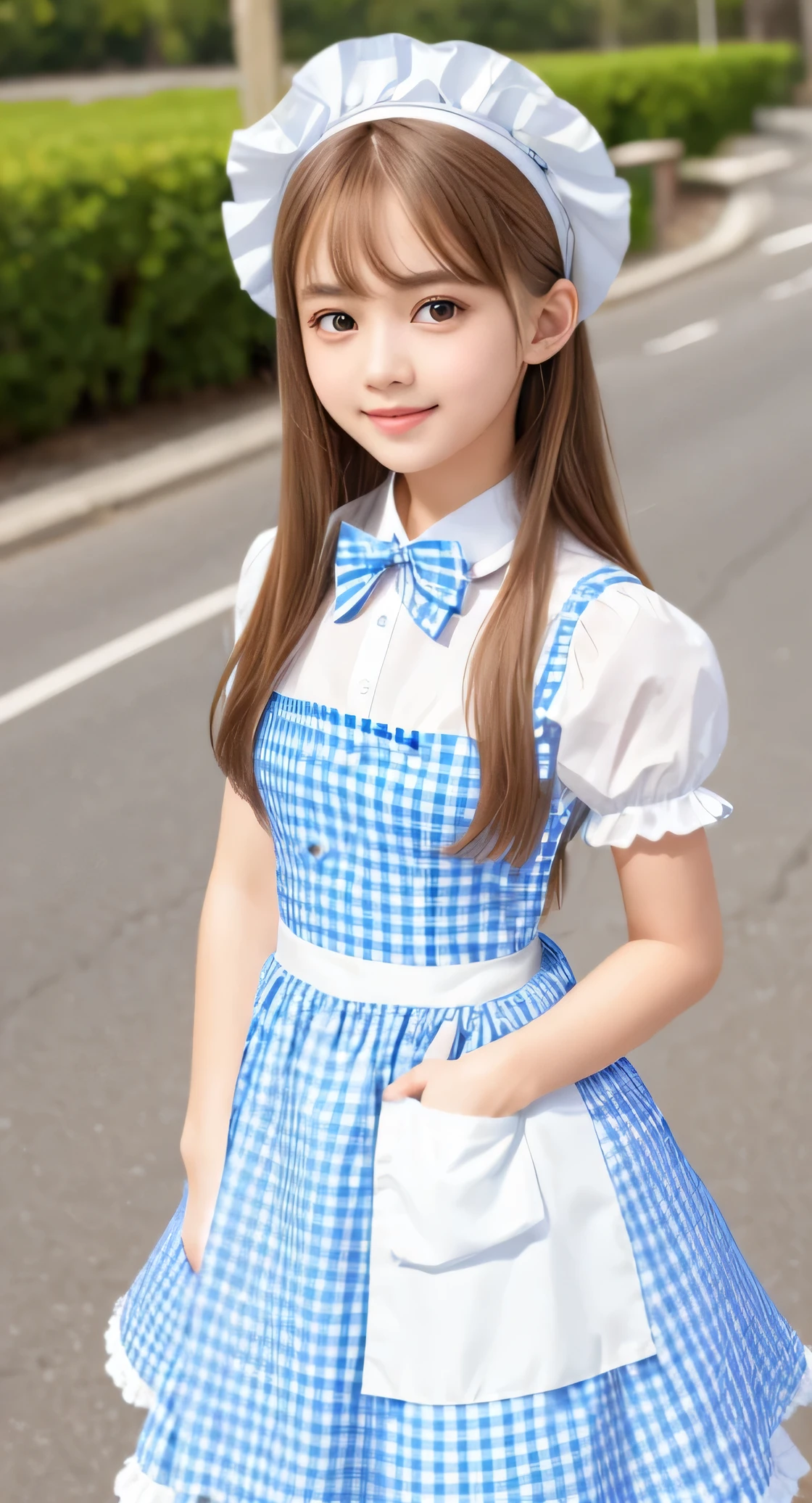 Angelic very beautiful cute young girl,
Beautiful detailed eyes,
Detailed double eyelids,
(Soft Saturation: 1.3),
(Fair skin: 1.3),v-line jaw,
(Large eyes:1.4),
Long straight brown hair,
see-through bangs,(17 yo:1.3),
Sharp Focus,
beautiful detailed face and eyes,
drooping eyes,
small straight nose,
small mouth,
happy smiling with visible teeth, 85mm lens, F/8.0,BREAK (Super shiny white and metallic blue gingham maid costume :1.3),Walking,Brown hair ,(Costumes with strong reflective surfaces:1.4),
(Best Quality:1.2),(ginghham Maid costume:1.5),
Raw photo,
High resolution,
perfect detail,
Professional Photography,
Professional Lighting,
Powerful lighting of the costume,In the street