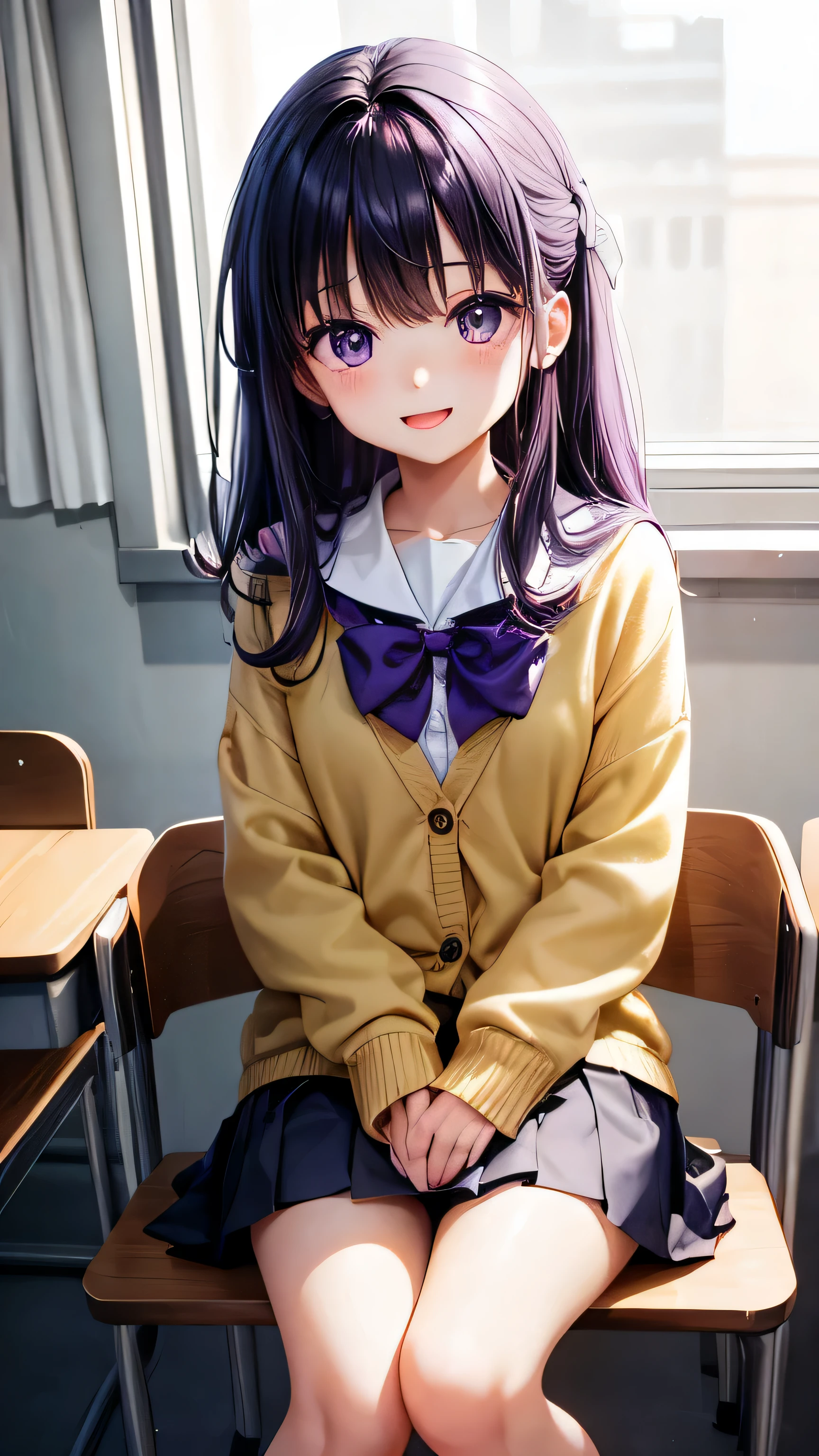 very cute girl、、purple hair、Fluffy semi-long hair、、purple eyes、Big eyes、droopy eyes、cute eyes、(yellow cardigan)、The front of the cardigan is open、(white school uniform)、(black skirt、(10 years old、slim and beautiful legs、super high quality、full body shot、classroom、sitting in a chair、smile、open your mouth