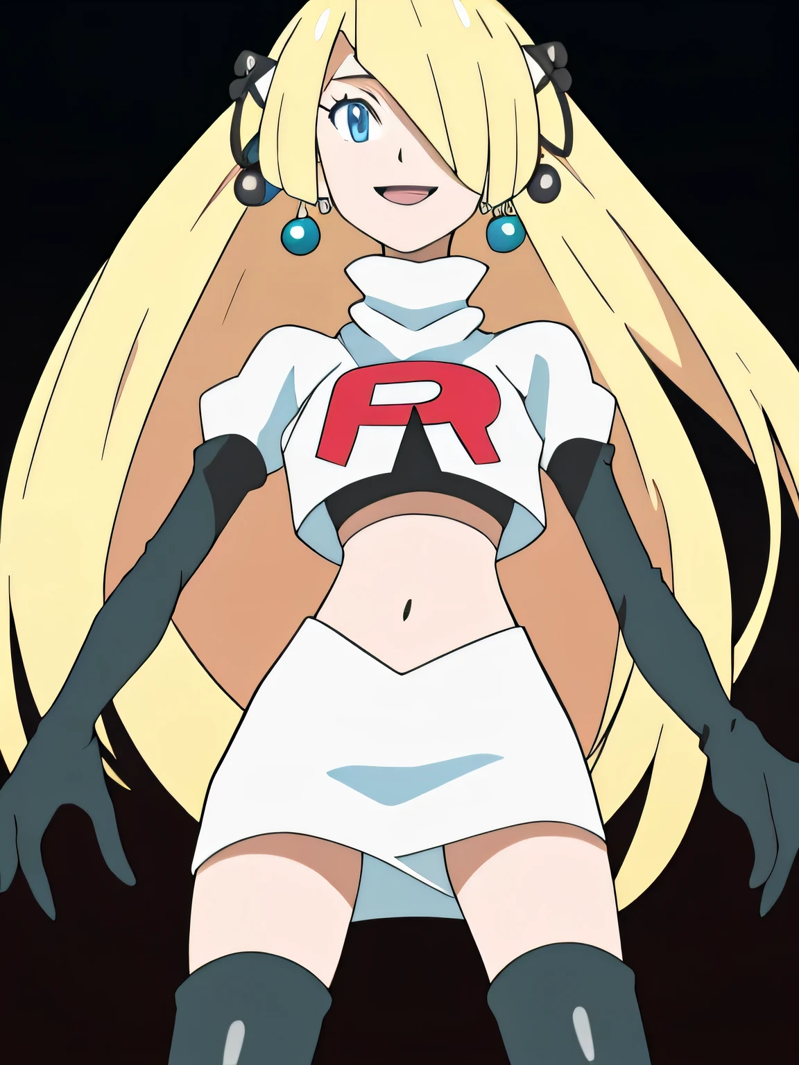 8k, masterpiece,highres, team rocket uniform, red letter r, white skirt,white crop top,black thigh-high boots, black elbow gloves, smiling, looking down at viewer, hands on hips, cowboy shot, zettai ryouiki,from below, black panties,anime style, vivid colors, sharp focus, intense lighting,cynthia (pokemon), 1girl, solo ,blonde hair, blue eyes ,hair covering one eye, hair ornament ,glossy lips, earings
