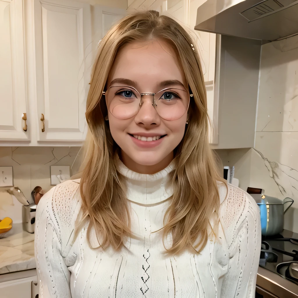 Blonde girl, 23 years old, blue eyes, freckles, American, heart shaped face, laughing, wedding ring, kitchen, turtleneck, thin eyeliner, thin glasses, blushing