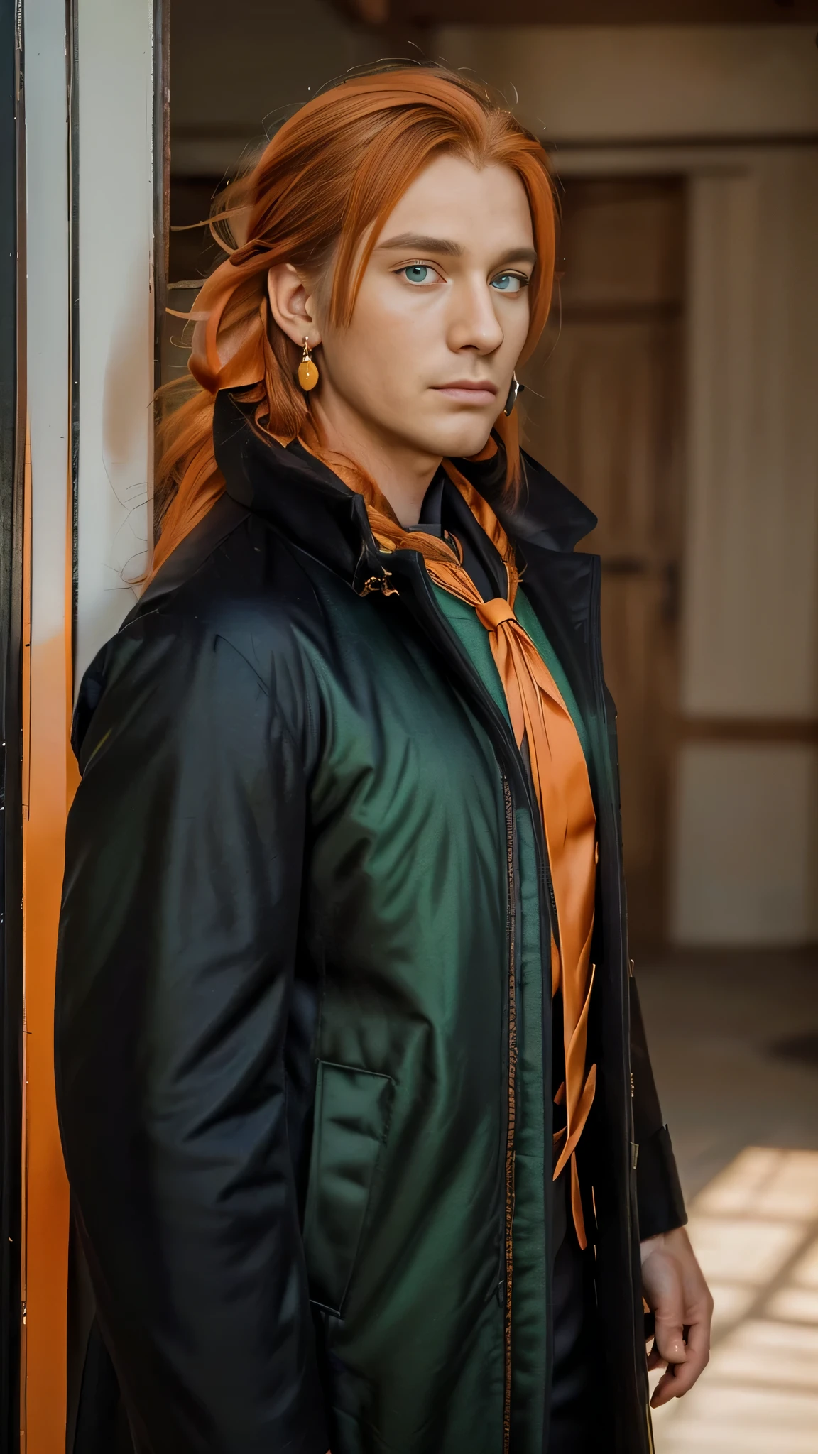 ((highest quality, masterpiece, 1 male, good looking, male, adult male, older male, broad shoulders, tall((big hair)), looking at the viewer ((green eyes)), ((orange hair, tied hair), Are standing, earrings, old face, adult, anime version, black coat costume, tallmale, anime, coat costume, Show entire character