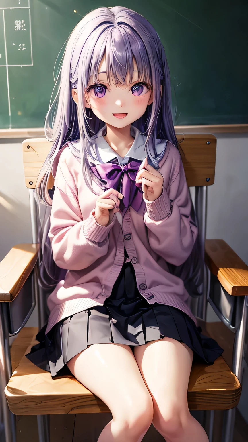 very cute girl、8-year-old、purple hair、Fluffy semi-long hair、、purple eyes、Big eyes、droopy eyes、cute eyes、(yellow cardigan)、The front of the cardigan is open、(white school uniform)、(black skirt、(8-year-old)、white skin、slim and beautiful legs、super high quality、full body shot、classroom、sitting in a chair、smile、open your mouth