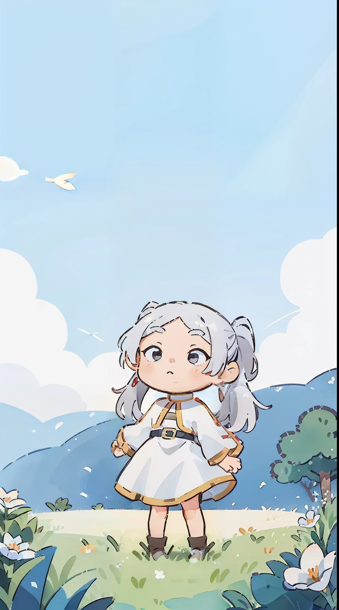 a girl, ((full body female)), Yaemiko, Freelan, (long gray hair), pointed ears, jewelry, earrings, white shawl, white dress, belt, (Lovely), ((最small, small)), piece, Play, Grass, flowers, Blue sky and white clouds