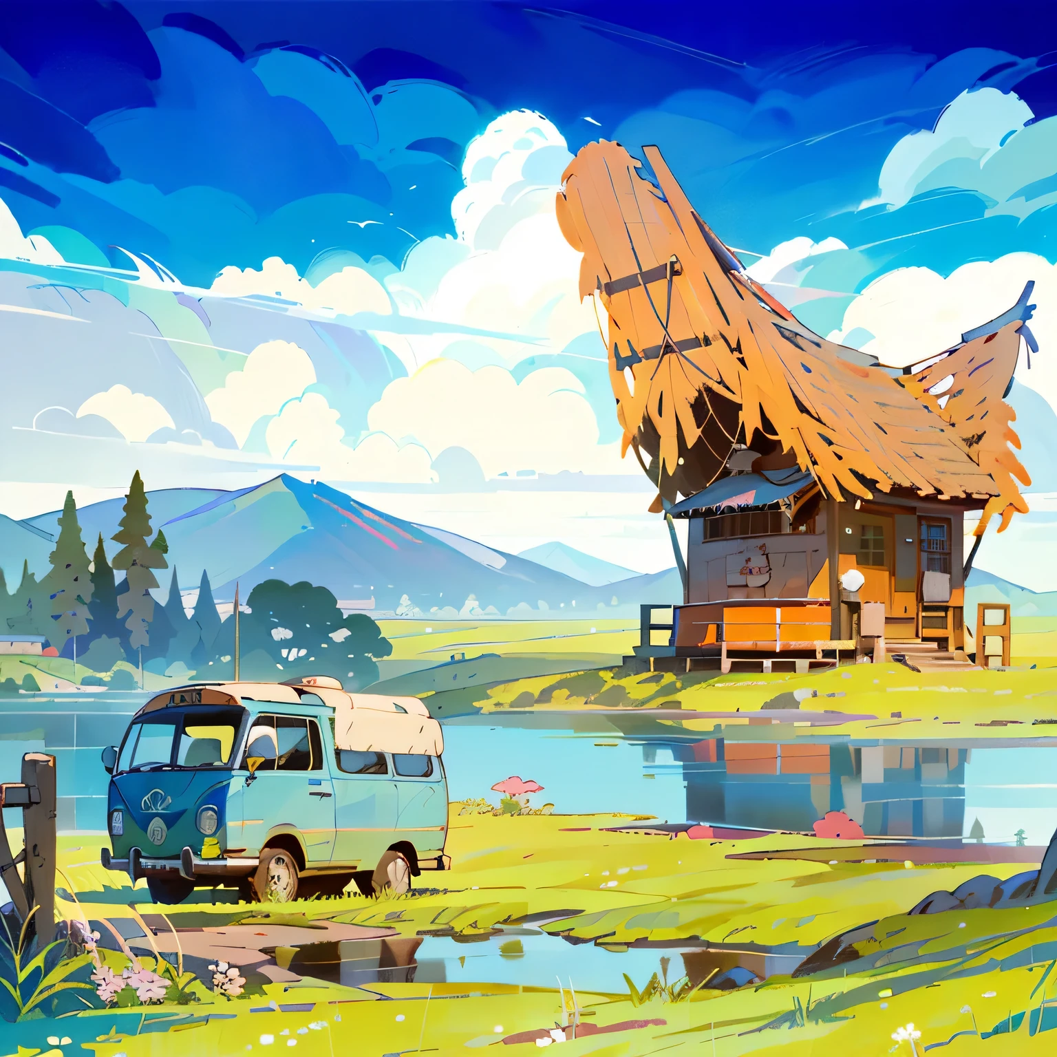grass ground, blue skies, flower, day time, far away, wide angle, mountain, illustration of a van driving past a boat on a lake, stylized digital illustration, mid century modern cartoon style, japan rural travel, cartoon style illustration, anime countryside landscape, in style of digital illustration, 70s, 7 0 s, anime yuru camp, inspired by Tim Biskup, environment design illustration, ( land ), bus, road trip