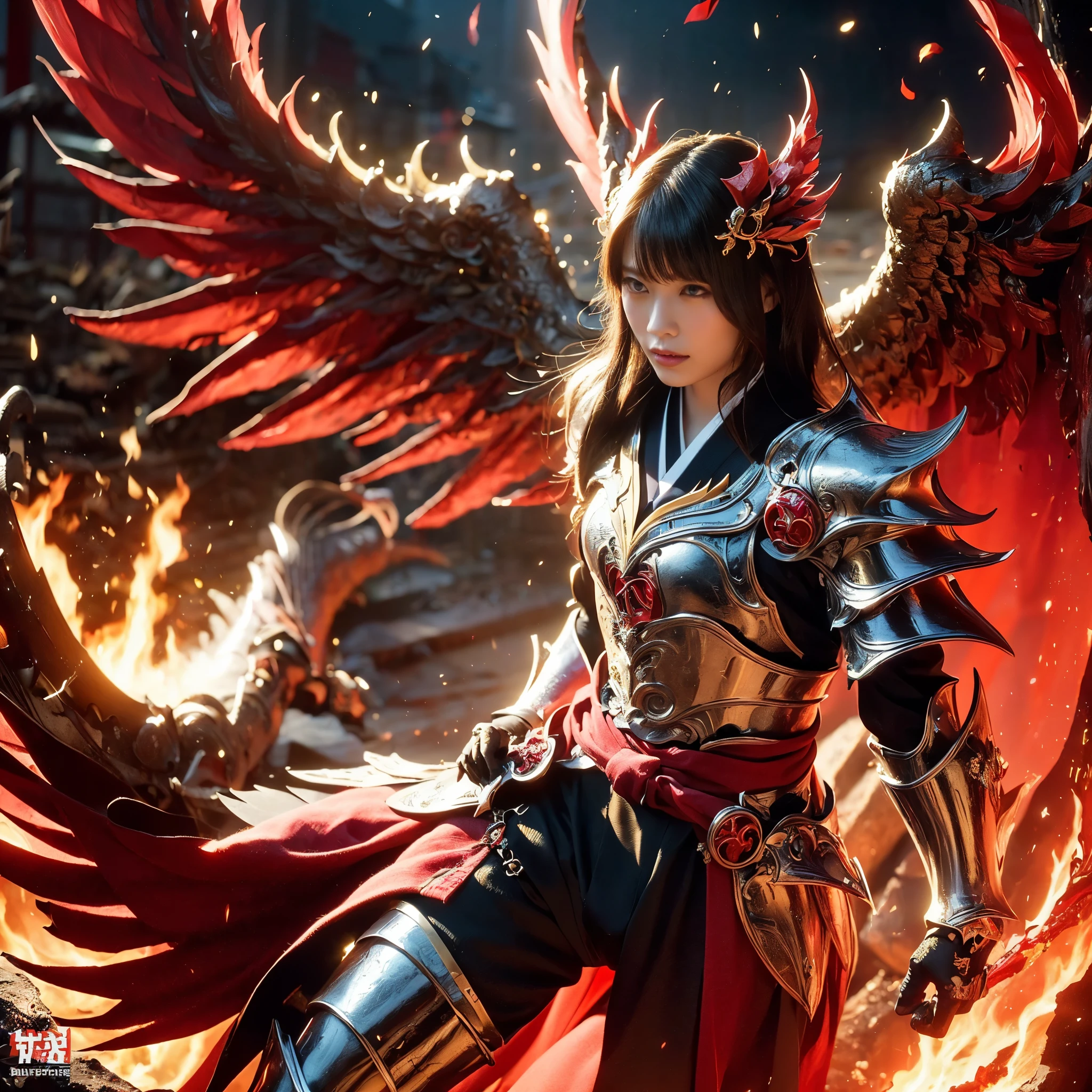 (((Realistic, masterpiece, best quality, crisp detail, high definition, high detail, very rich detail, sharp focus, sharp detail, colorful, rich color, perfect studio lightning))), ((20 years old, japanese goddess of fire, kasumi arimura, flying, floating)),(((in the middle of war, epic war scene))), wearing (((beautiful decorated golden heavy armor, phoenix armor, phoenix tails, decorated full body armor, fully armored beautiful kimono, wide golden phoenix wings))), (flying, floating, attack stance, burning hands, holding fantasy weapon, blood scattered face, blood tears, blood bath, blood shed), (((fire everywhere, blood everywhere, death everywhere, japan bakumatsu period, dead bodies,carcass,burned japanese castle,hellish,chaos, hell fire, inferno, molten lava)) traditional village background), shot from below