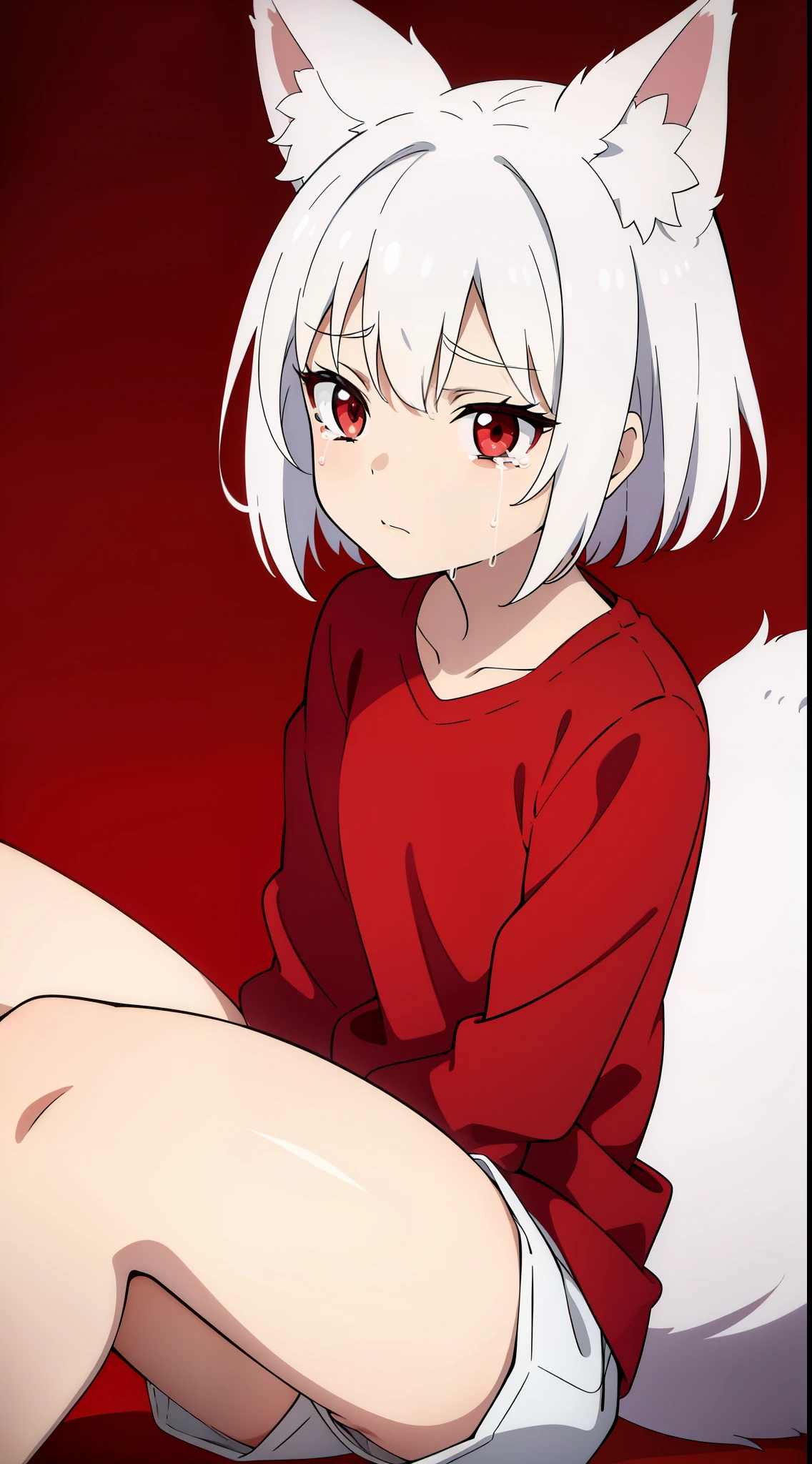 (1girl,8 years old,small),innocent face,red shirt,white shorts,white hair,medium hair,red eyes,fox ears,(white background),crying,fox tail