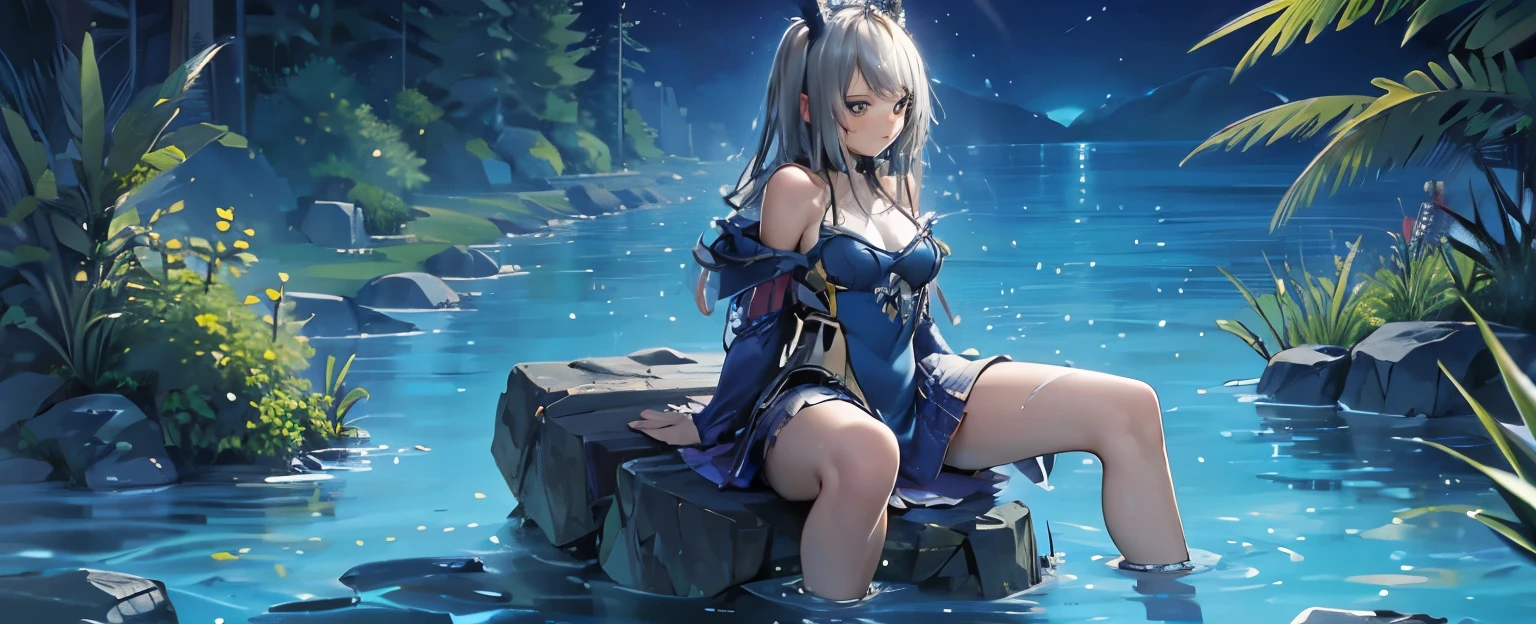 high quality, masterpiece, highres, sitting down, spreading legs, wet bod, night time, shallow water,