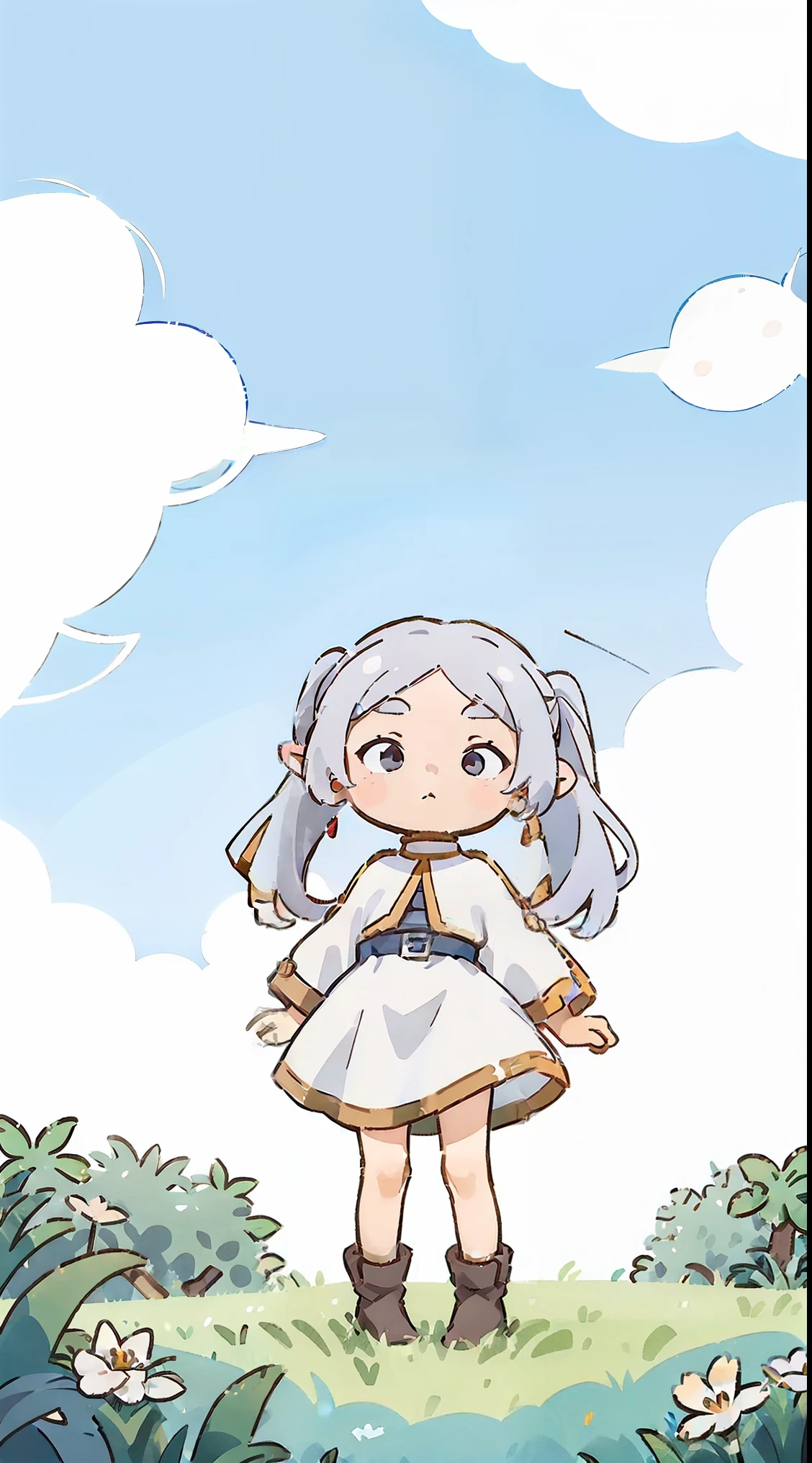 a girl, ((full body female)), Yaemiko, Freelan, (long gray hair), pointed ears, jewelry, earrings, white shawl, white dress, belt, (Lovely), ((最small, small)), piece, Play, Grass, flowers, Blue sky and white clouds