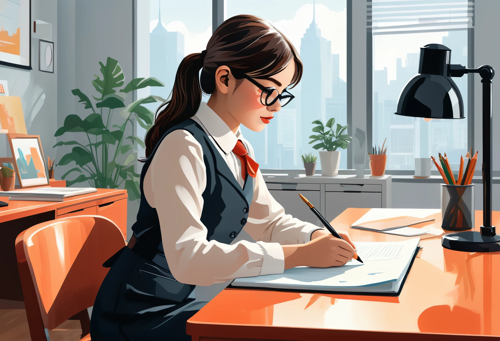 （（（Vector illustration））），Flat coating，（（Celluloid style）），（children illustration），side view，Female secretary working in front of the office，（（minimalist art）），8K，masterpiece，Rich details