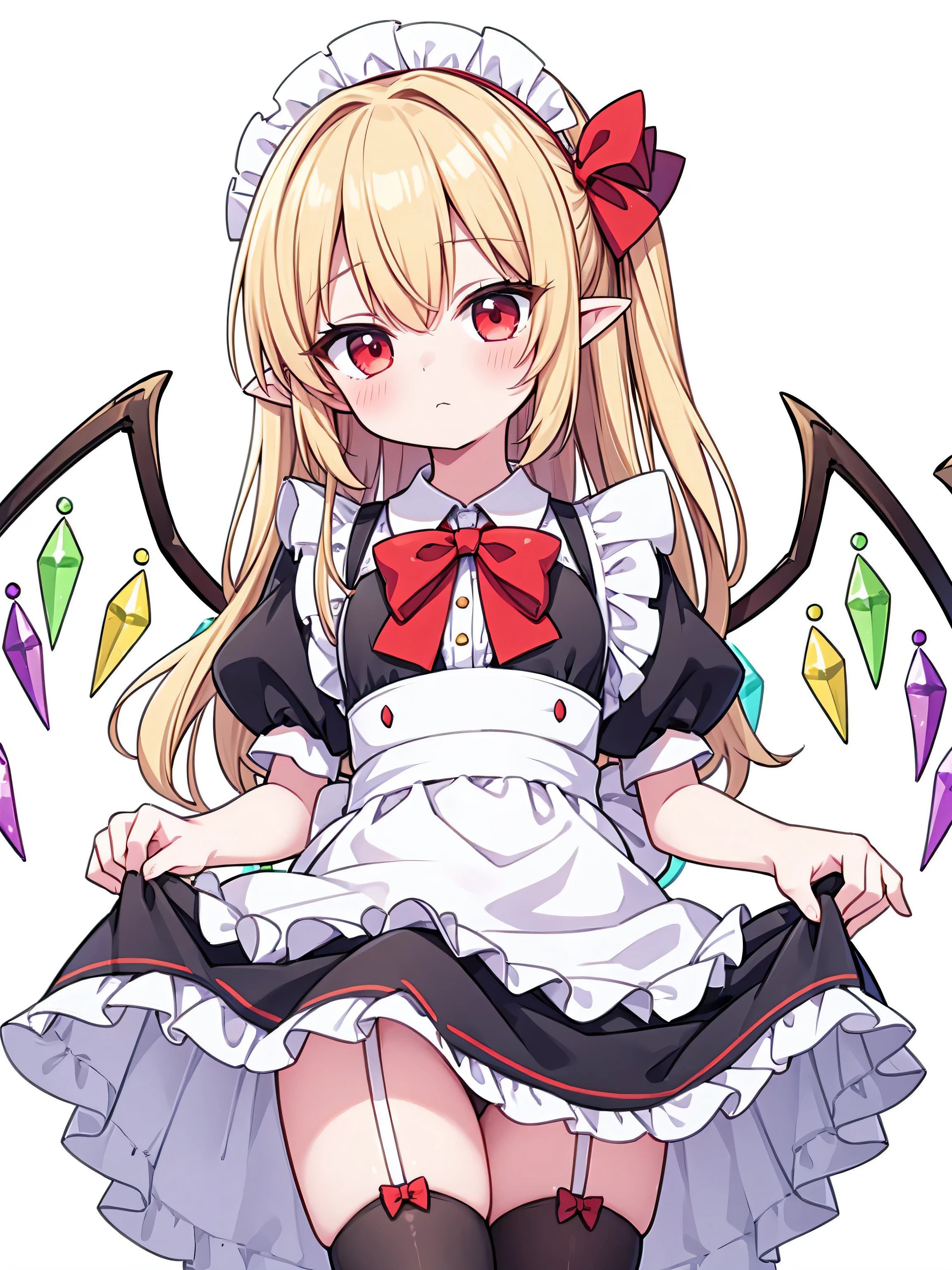 masterpiece, top quality, super detailed, CG illustration, high resolution, better lighting, best shadows, very delicate and beautiful, proper shading, hd, 8k,flandre scarlet, 1girl, solo, looking at viewer, blush, bangs, blonde hair, simple background, red eyes, thighhighs, white background, dress, bow, ribbon, closed mouth, standing, short sleeves, cowboy shot, frills, wings, alternate costume, pointy ears, puffy sleeves, bowtie, apron, black dress, red bow, white thighhighs, puffy short sleeves, maid, maid headdress, garter straps, waist apron, white apron, yellow bow, maid apron, frilled apron, crystal, enmaided, skirt hold, yellow bowtie