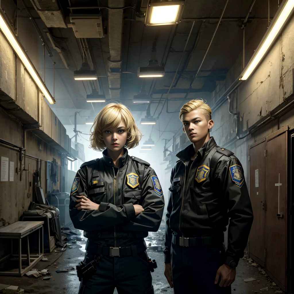 (masterpiece, best quality),1girl ,with Blonde hair,A-line haircut,body, Arms crossed behind the back pose, LED panel lights arranged in square formation to mimic existing indoor fixtures,A dystopian ghetto controlled by local gangs armed with hacked police weapons like EMP blasters and Taser shotguns
