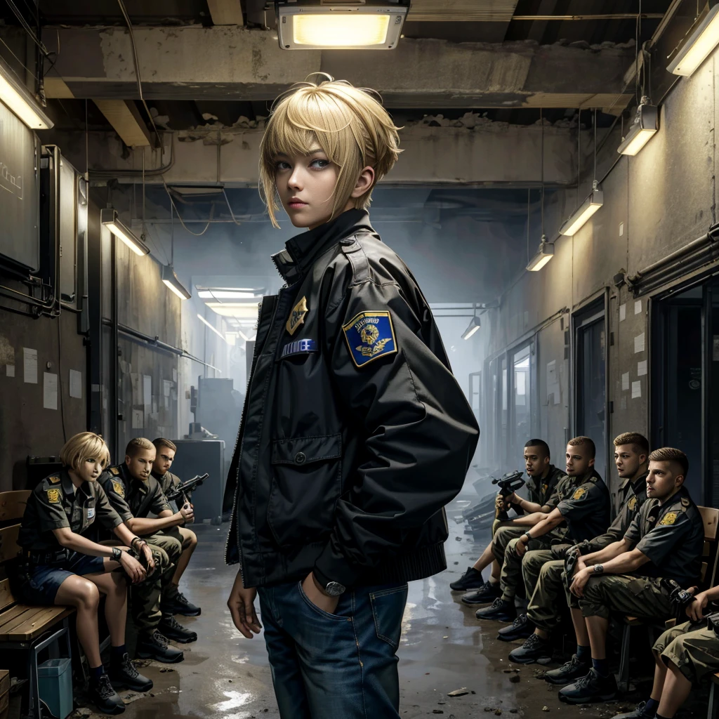 (masterpiece, best quality),1girl ,with Blonde hair,A-line haircut,body, Arms crossed behind the back pose, LED panel lights arranged in square formation to mimic existing indoor fixtures,A dystopian ghetto controlled by local gangs armed with hacked police weapons like EMP blasters and Taser shotguns