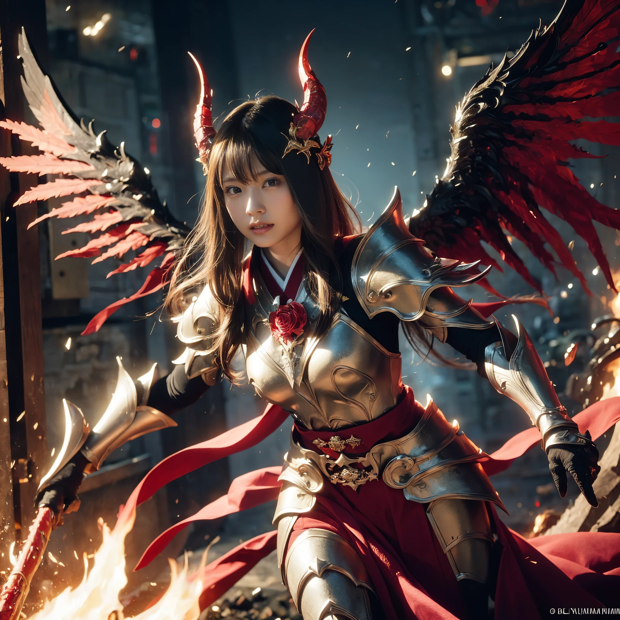 (((Realistic, masterpiece, best quality, crisp detail, high definition, high detail, very rich detail, sharp focus, sharp detail, colorful, rich color, perfect studio lightning))), ((20 years old, japanese goddess of fire, kasumi arimura, flying, floating)),(((in the middle of war, epic war scene))), wearing (((beautiful decorated golden heavy armor, phoenix armor, phoenix tails, decorated full body armor, fully armored beautiful kimono, wide golden phoenix wings))), (flying, floating, attack stance, burning hands, holding fantasy weapon, blood scattered face, blood tears, blood bath, blood shed), (((fire everywhere, blood everywhere, death everywhere, japan bakumatsu period, dead bodies,carcass,burned japanese castle,hellish,chaos, hell fire, inferno, molten lava)) traditional village background), shot from below