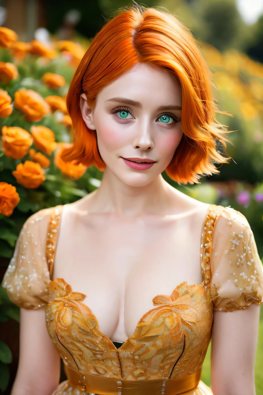 Masterpiece, european woman, (Bryce Dallas Howard: 0.5), 20 years, young, short hair, vivid orange hair, shy, cute, playful smile, high detail face, high detail skin, delicate colorful dress, (high detail eyes:1.3), (small :1.2), (strong athletic body), garden wiith colorful flowers background, (UHD, 8K wallpaper, High resolution), Cinematic lighting, award-winning, extremely white detailed skin, extra detailed face, high detail eyes, photo-realistic, Zeiss 85 mm F/1.4, by Ellen von Unwerth