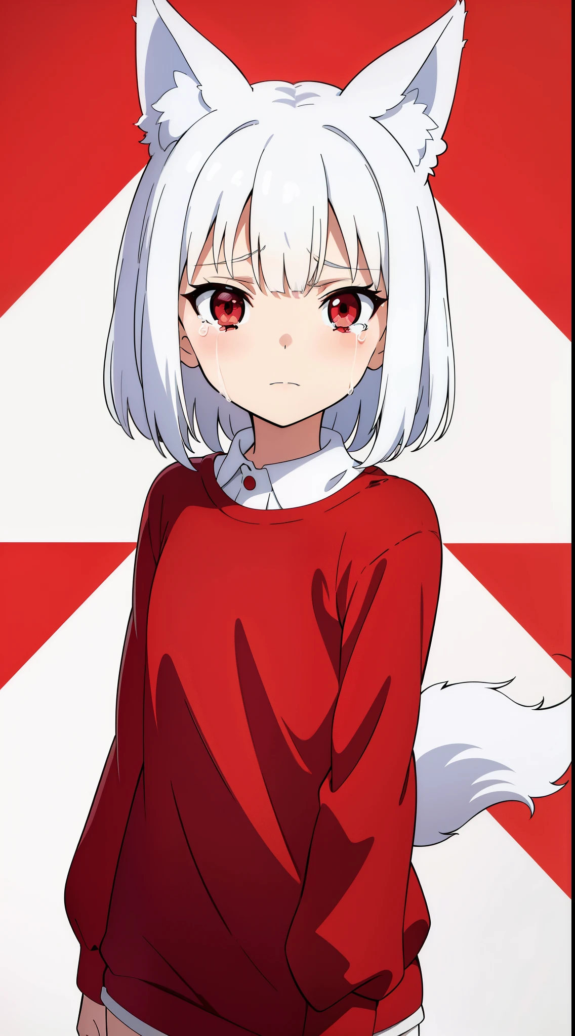 (1girl,8 years old,small),innocent face,red shirt,white shorts,white hair,medium hair,red eyes,fox ears,(white background),crying,fox tail