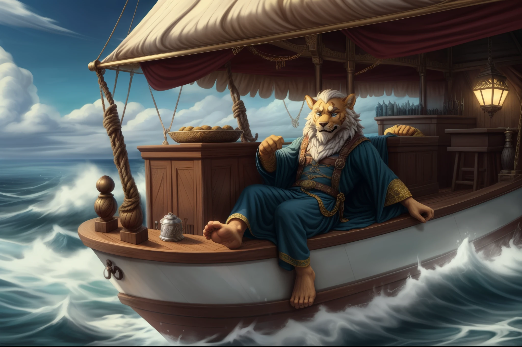 (((Barefoot furry character, full body, cinematic setting, male))) Masquerading as a man with a reason. My charade is the event of the season and if I claim to be a wise man, well it surely means that I don't know. On a stormy sea of moving emotion tossed about I'm like a ship on the ocean. I set a course for winds of fortune, but I hear the voices say: (Carry on my wayward son.) (There'll be peace when you are done.) (Lay your weary head to rest.) (Don't you cry no more.) BREAK, detailed background (modern lab), 8K, (masterpiece:1.5), intricate details, highly detailed, extreme detail, octane render, fine art, best quality, highres, (detailed face:1.5), ((full_body)), UHD, (((perfect hands)))