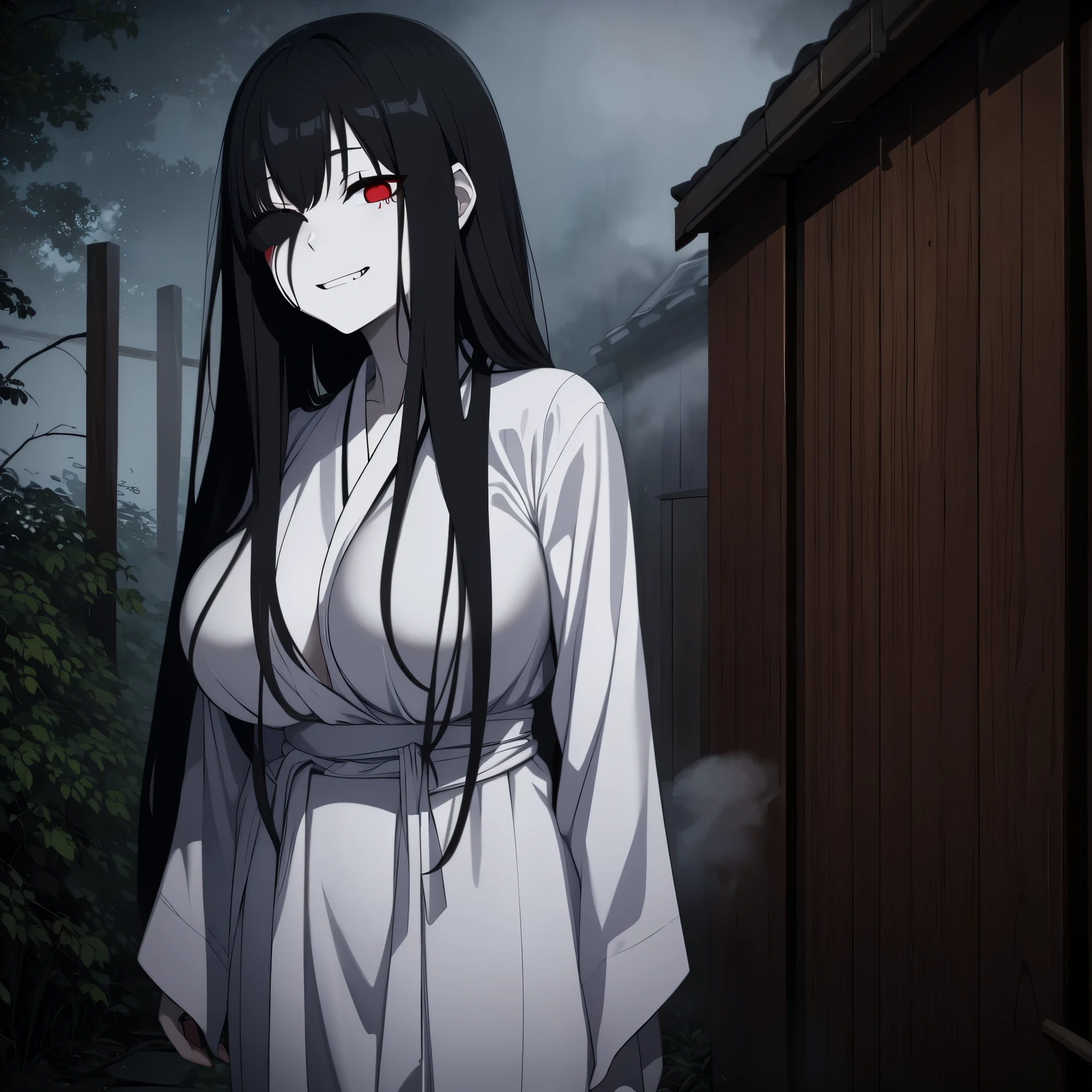 A woman wearing a slightly torn Sadako Yamamura dress, white skin, red eyes, long hair covering one eye, scary smiling face, big breasts, outside an abandoned Japanese house, horror scene, dark place, fog, at night,, masterpiece, very detailed, perfect, ultra resolution, 4k hd
