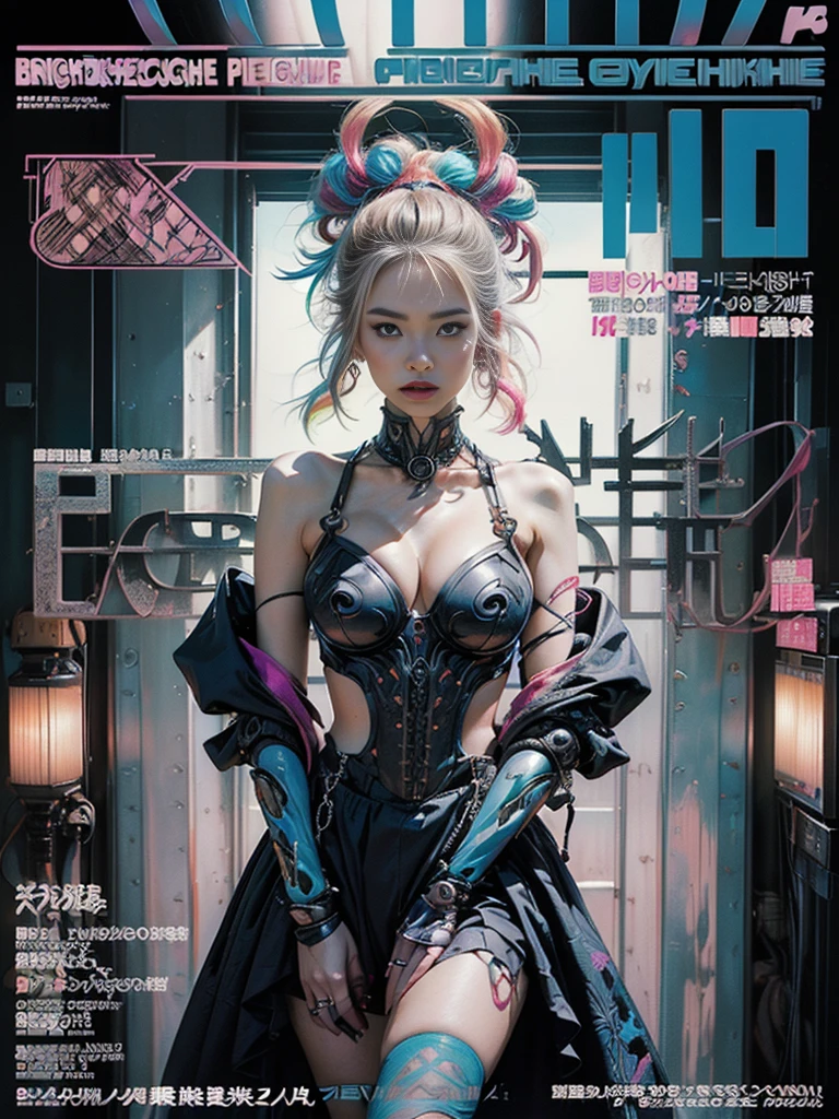Flowing_contour biomechanical__cybernetic_airbrush___Strange__(((Japanese Harajuku style Fashion_((((Magazine_cover), bright colors)))__art_decor_Border)))__porcelain_and_Platinum / Futuristic Cyberpunk woman with porcelain skin, (cybernetic implants.)