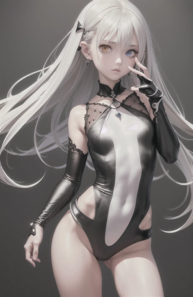 Best, Masterpiece, High Resolution, Best Quality, Ultra HD, Super Detail, Award-Standing, 16k, (Upper Body), Anatomically Correct, Beautiful Maiden, Gray Hair, Hair Strands, ((Heterochromia)), Hanging Corners, Fair Skin, (Small), (Slim Body), (Tuxedo)), Stud Earrings, (Neck Rings), (Very, Very Short Short Glove)