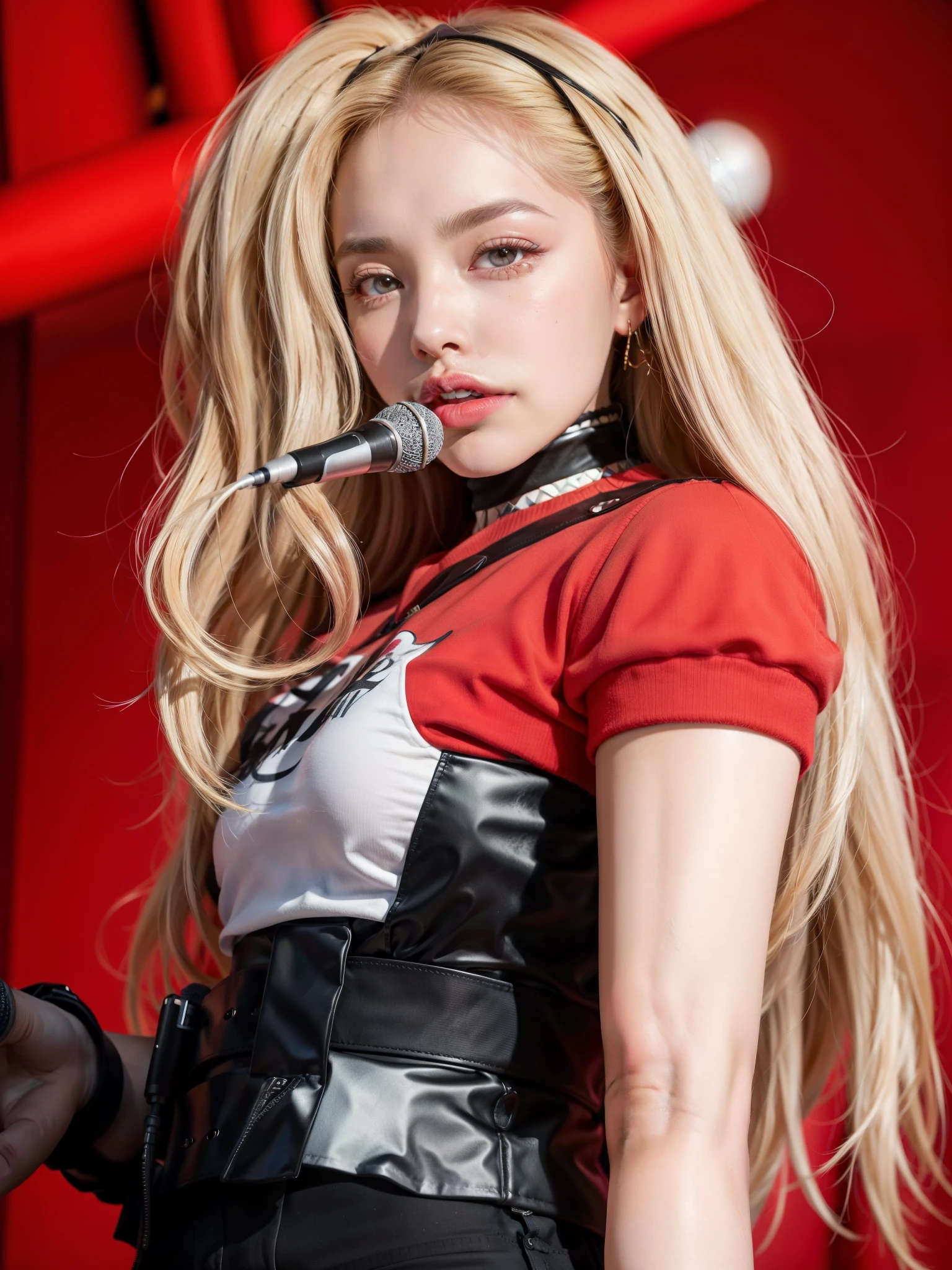 A close-up of a person with a microphone on a stage, parque roseanne de blackpink, jossi de blackpink, Lalisa Manoban de Blackpink, portrait of jossi de blackpink, Lalisa Manobal, jisoo de blackpink, Jisoo de Blackpink, korean idol, cl, jia, ava max, sun yunjoo, tomado en 2 0 2 0