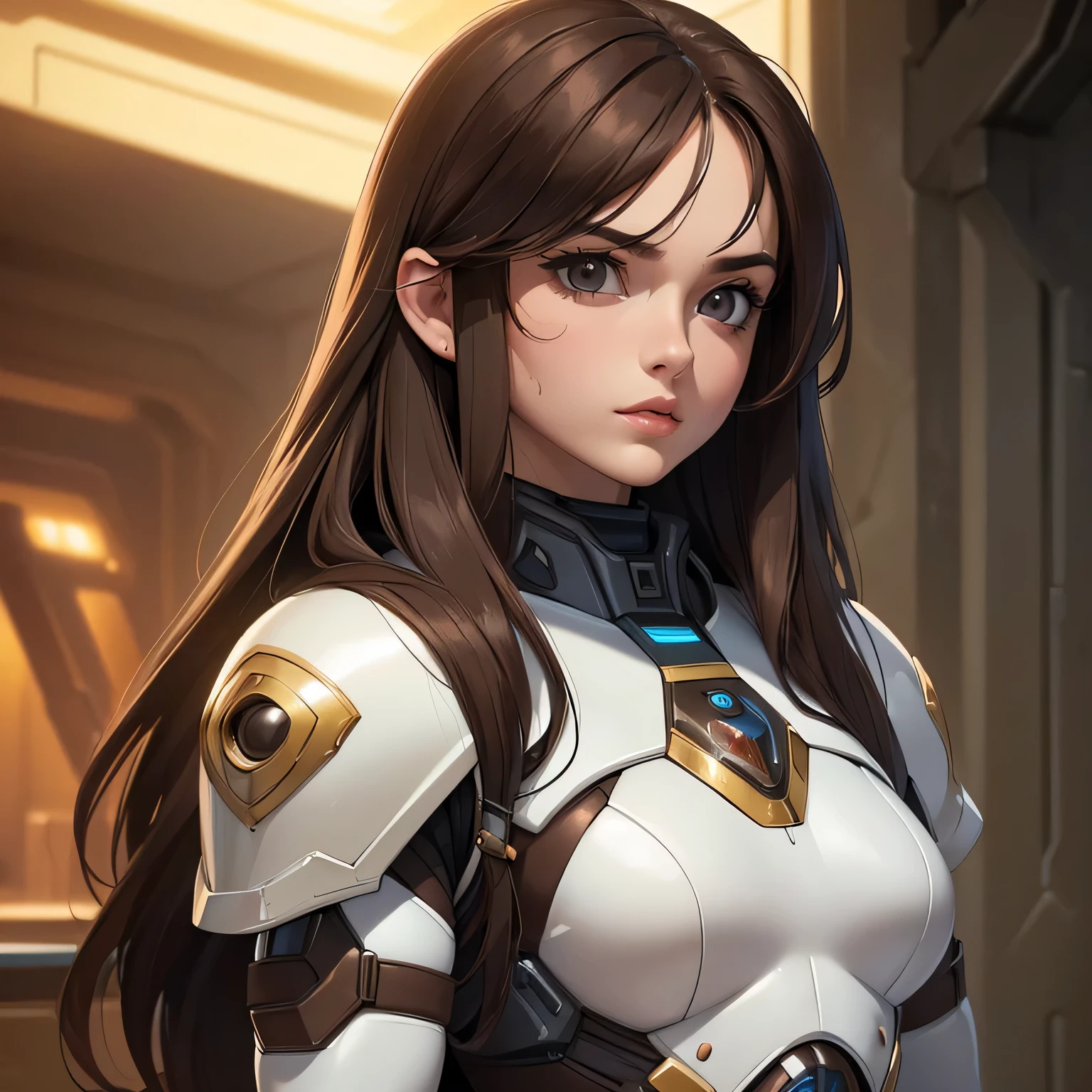 ((Masterpiece)) ((Perfect Face)) ((Beautiful)) ((Small Breasts)) ((portrait)) ((Wide Hips)) ((Broad Shoulders)) ((muscular physique)) ((Long Hair)) ((Brown Hair)) ((Pale Skin)) ((Full Lips)) ((Button Nose)) ((Sci-fi bounty hunter armor))
