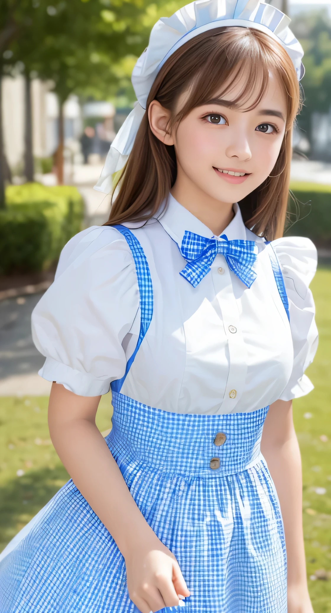 Angelic very beautiful cute young girl,
Beautiful detailed eyes,
Detailed double eyelids,
(Soft Saturation: 1.3),
(Fair skin: 1.3),v-line jaw,
(Large eyes:1.4),
Long straight brown hair,
see-through bangs,(17 yo:1.3),
Sharp Focus,
beautiful detailed face and eyes,
drooping eyes,
small straight nose,
small mouth,
happy smiling with visible teeth, 85mm lens, F/8.0,BREAK (Super shiny white and metallic blue gingham maid costume :1.3),Walking,Brown hair ,(Costumes with strong reflective surfaces:1.4),
(Best Quality:1.2),(ginghham Maid costume:1.5),
Raw photo,
High resolution,
perfect detail,
Professional Photography,
Professional Lighting,
Powerful lighting of the costume,In the street
