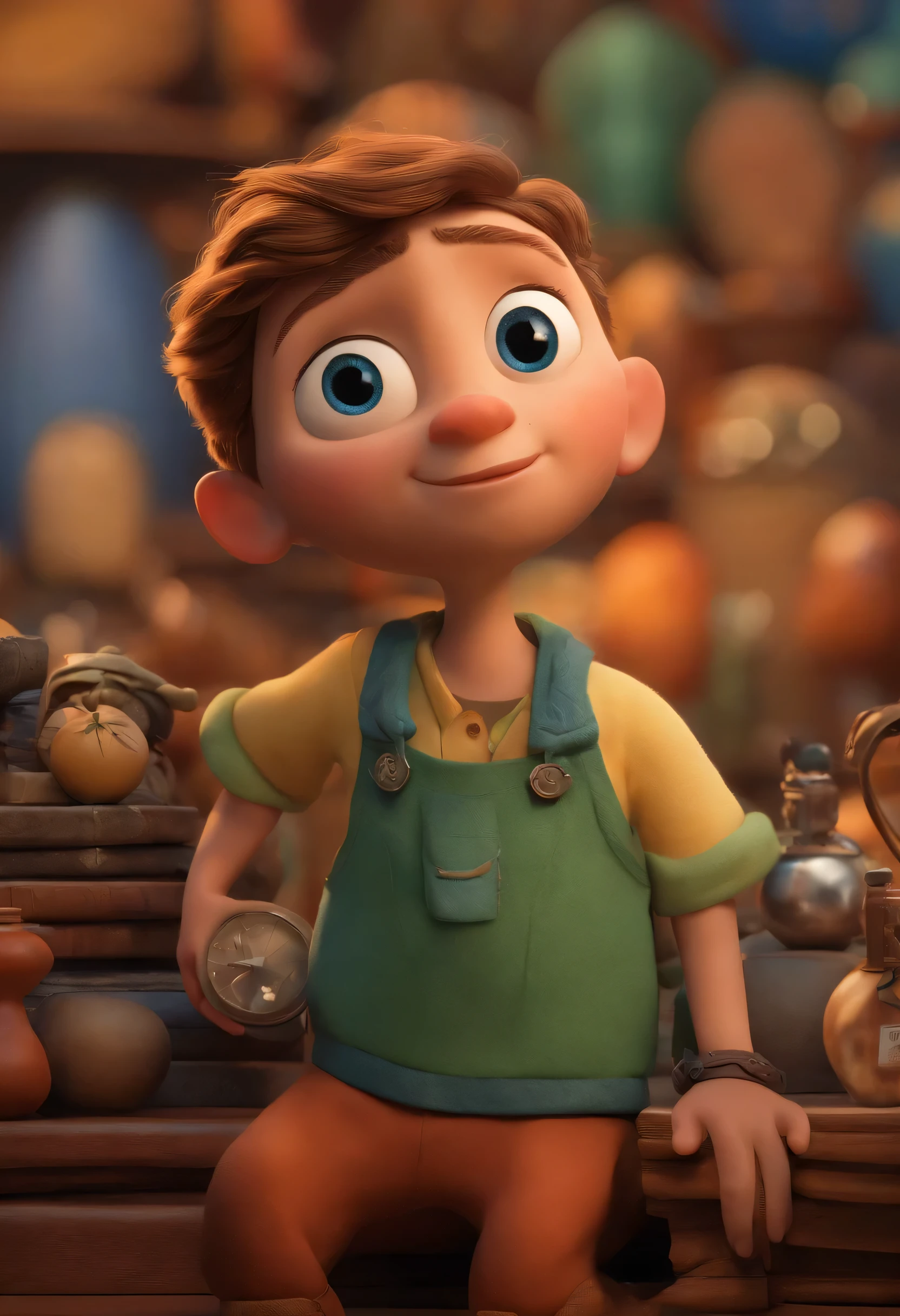 A collector of ideas inspired by Pixar animation, de perto. The focus is on the character, with a captivating facial expression, Contra um pano de fundo cintilante, cores efervescentes.