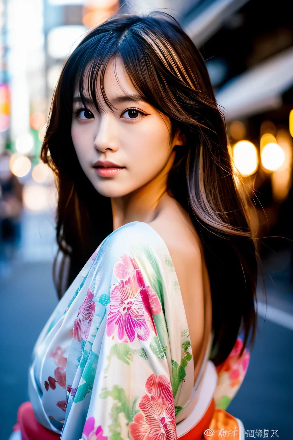 Beautiful Japanese supermodel woman, A lock of hair with slight highlights, black eyes, Sexy,street background,Gorgeous kimono , Liquid color flows across her face, Shooting against the light,Perfect facial lighting,mixed media