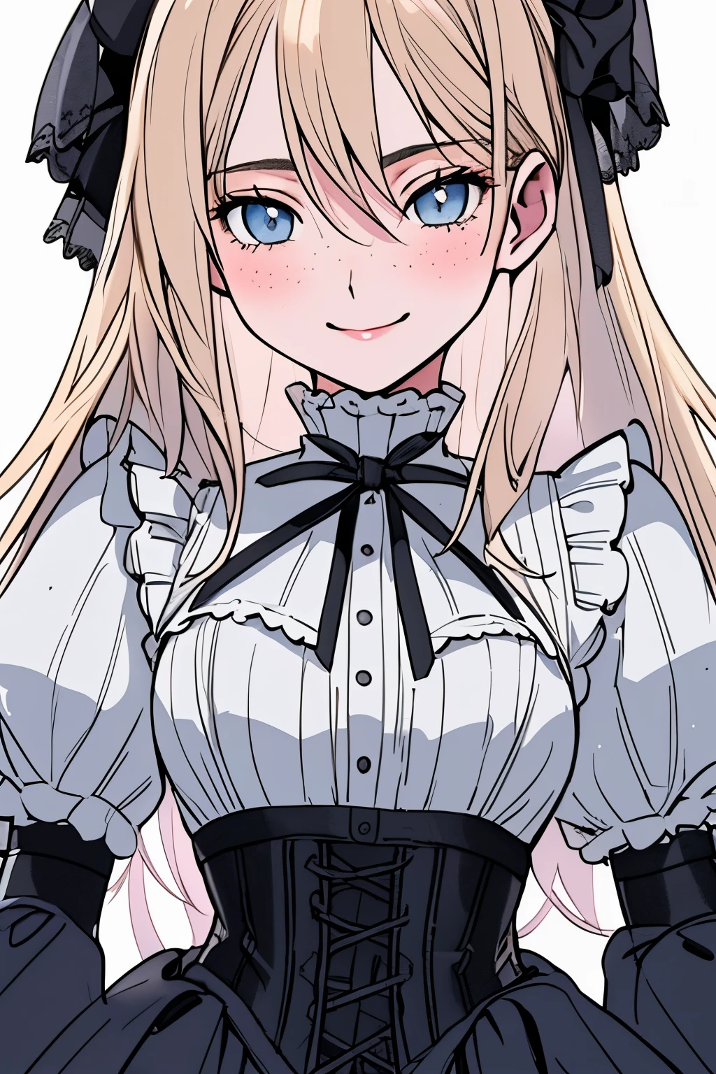 close up 1girl in, ager, Solo, Aesthetic artwork, blond, straight blonde hair, super long blonde hair, light blue eyes, some small freckles, pale skin, A-cup, small breasts, runners body, (thin hips, thin waist: 1.25), detailed skin, shy smile, wearing a steampunk dress, leather corset, top hat, portrait, 50mm, 4k textures, soft cinematic light, RAW intricate, elegant, highly detailed, sharp focus, ((((cinematic look)))), soothing tones, insane details, intricate details, hyperdetailed, low contrast, soft cinematic light, dim colors, exposure blend, hdr, faded