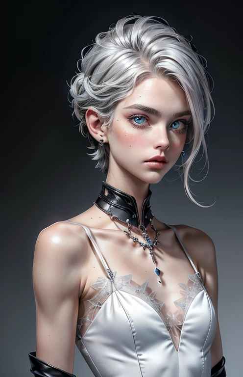 Best, Masterpiece, High Resolution, Best Quality, Ultra HD, Super Detail, Award-Standing, 16k, (Upper Body), Anatomically Correct, Beautiful Maiden, Gray Hair, Hair Strands, ((Heterochromia)), Hanging Corners, Fair Skin, (Small), (Slim Body), (Tuxedo)), Stud Earrings, (Neck Rings), (Very, Very Short Short Glove)